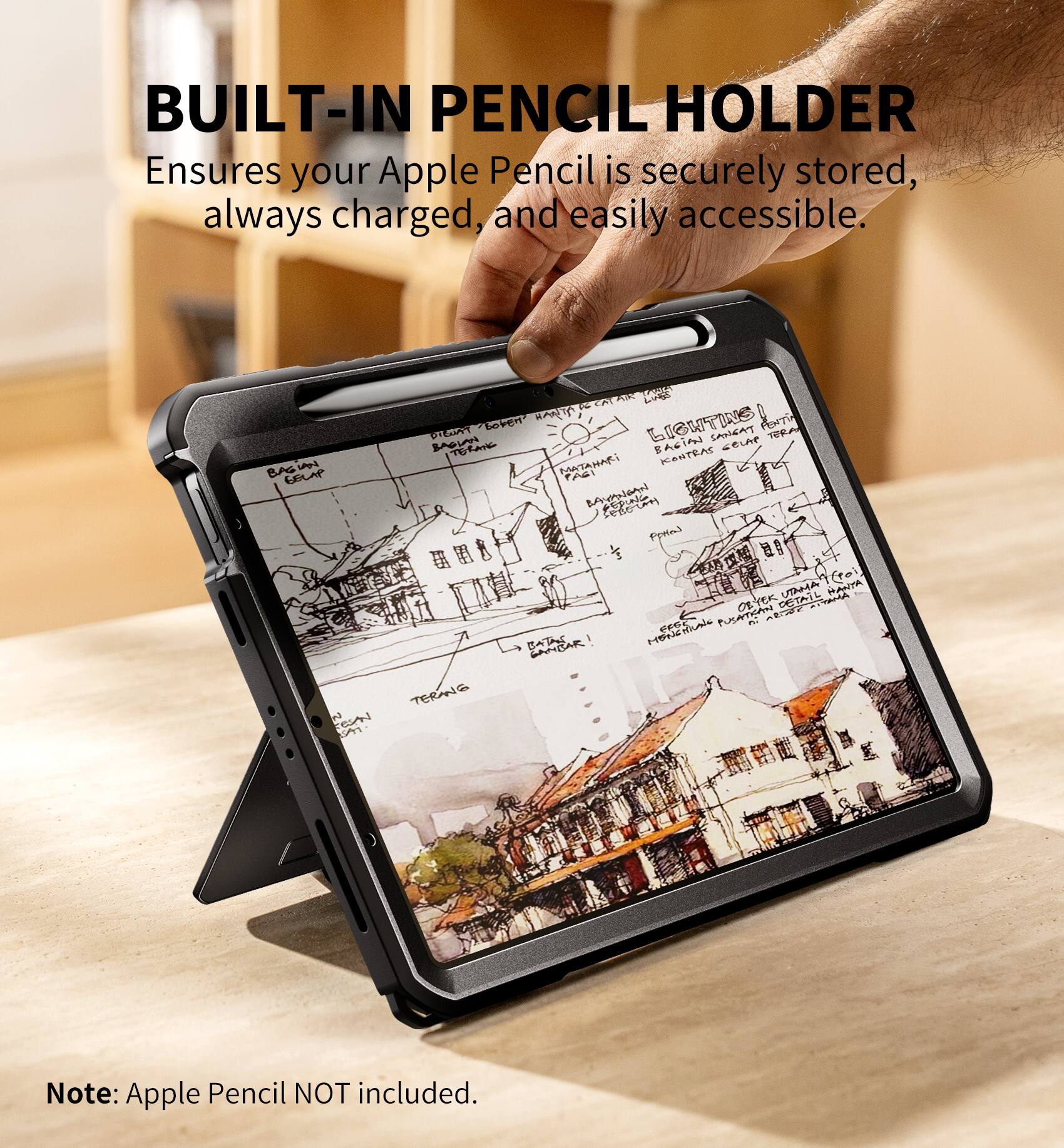 BUILT-IN PENCIL HOLDER  
Ensures your Apple Pencil is securely stored, always charged, and easily accessible.  

Note: Apple Pencil NOT included.