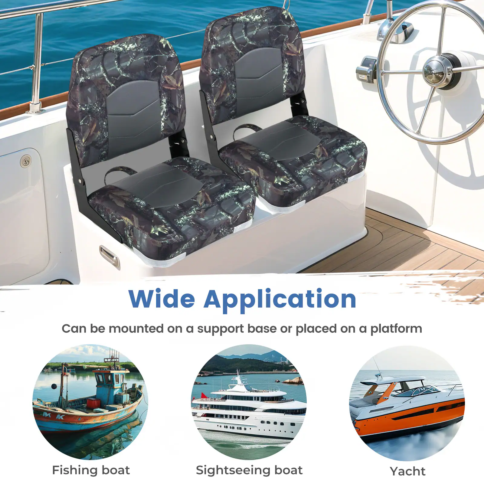 Wide Application  
Can be mounted on a support base or placed on a platform  

- Fishing boat  
- Sightseeing boat  
- Yacht