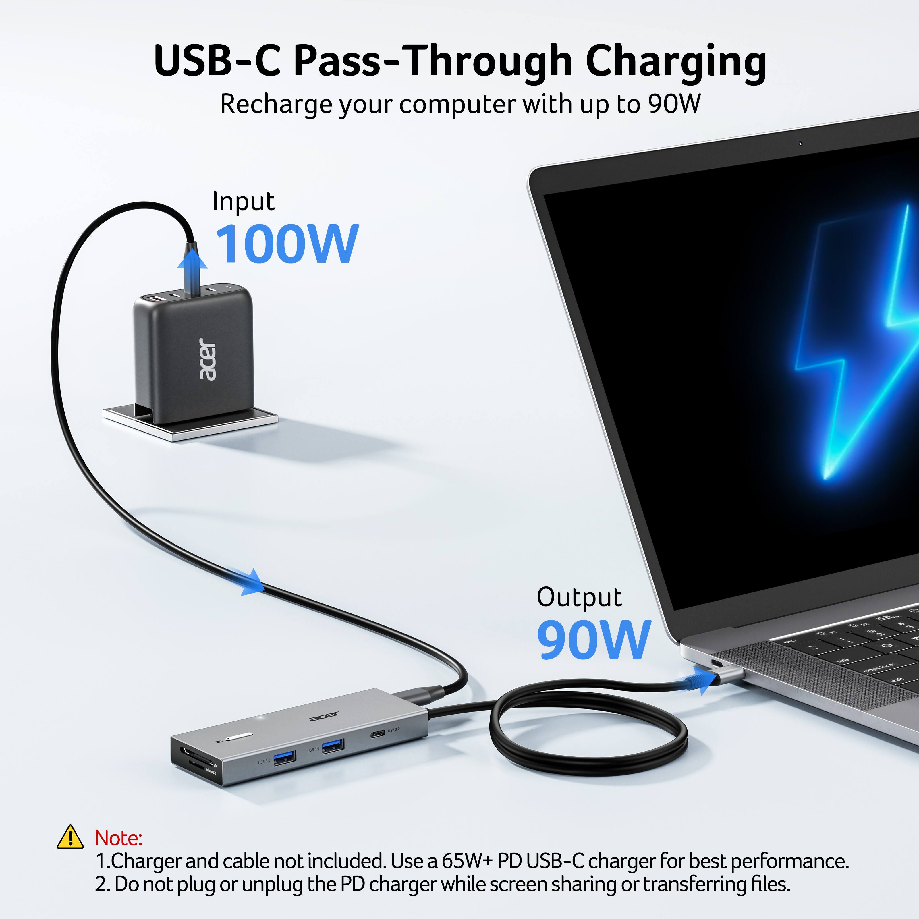 USB-C Pass-Through Charging  
Recharge your computer with up to 90W  

Input 100W  
Output 90W  

Note:  
1. Charger and cable not included. Use a 65W+ PD USB-C charger for best performance.  
2. Do not plug or unplug the PD charger while screen sharing or transferring files.