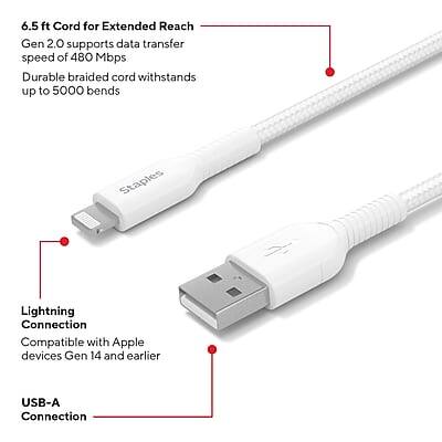 6.5 ft Cord for Extended Reach  
Gen 2.0 supports data transfer speed of 480 Mbps  
Durable braided cord withstands up to 5000 bends  

Lightning Connection  
Compatible with Apple devices Gen 14 and earlier  

USB-A Connection