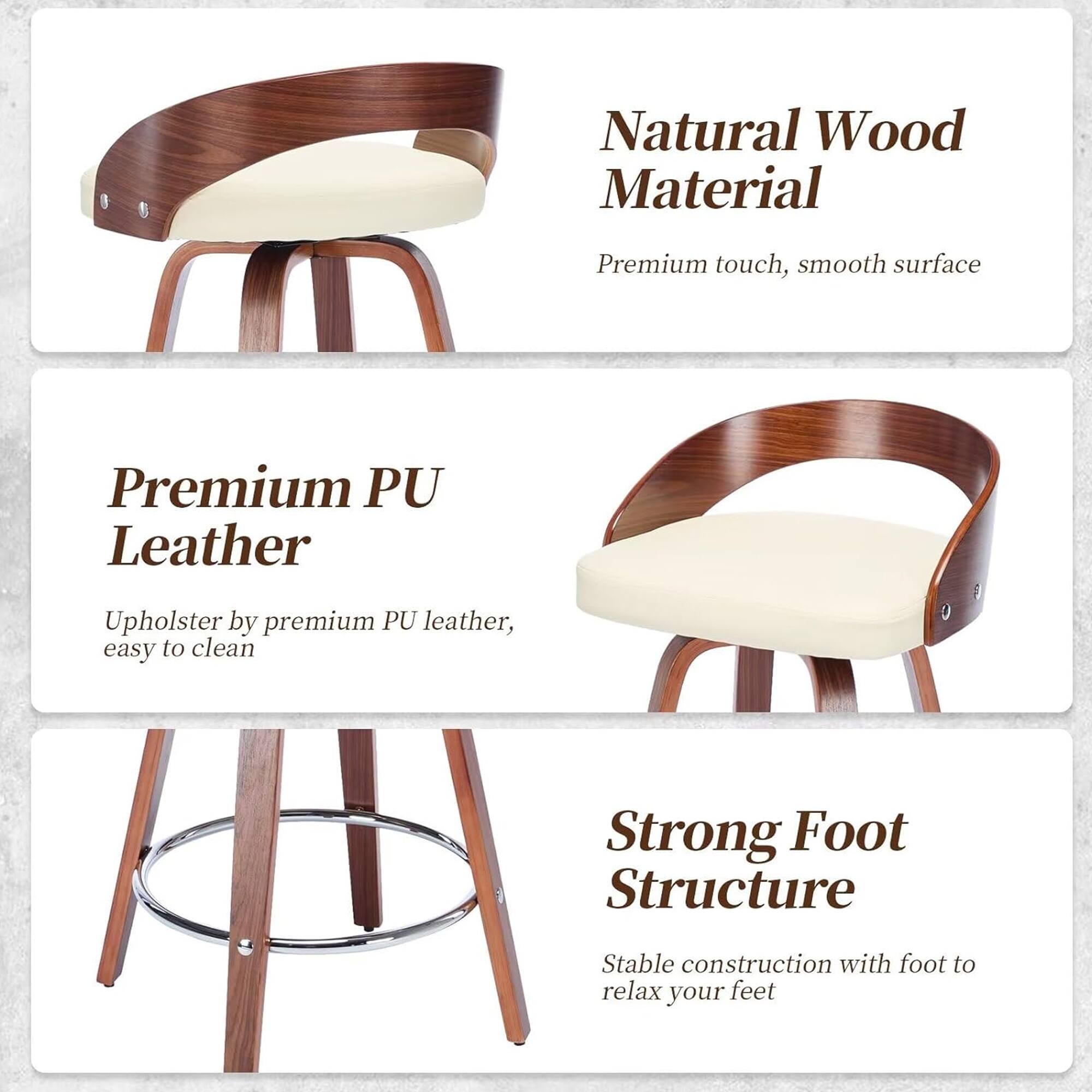 Natural Wood Material  
Premium touch, smooth surface  

Premium PU Leather  
Upholster by premium PU leather, easy to clean  

Strong Foot Structure  
Stable construction with foot to relax your feet