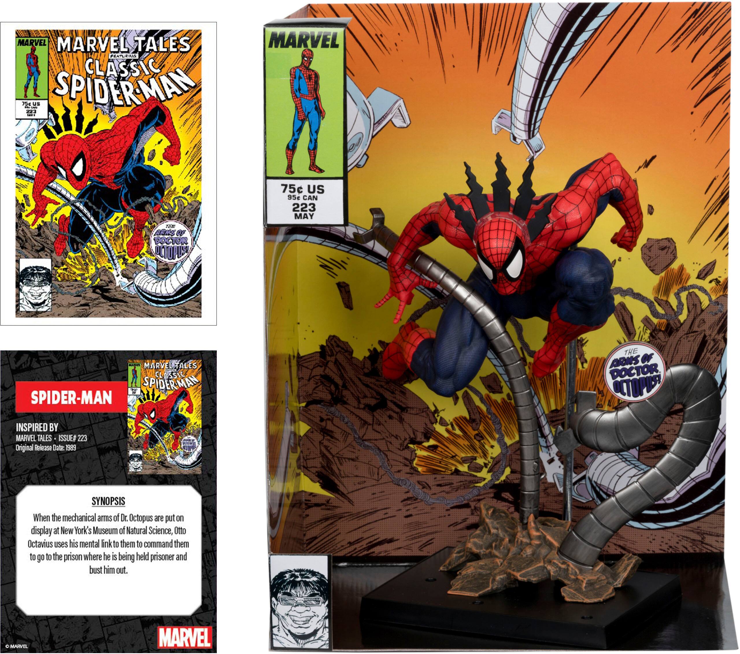 The image features a display of Spider-Man comic books and a Spider-Man action figure. The comic books are arranged in a row, with one book featuring Spider-Man on the cover. The action figure is positioned in the center of the display, with its arms outstretched, as if it's swinging through the air. The display is likely meant to showcase the popularity and excitement of the Spider-Man character and his adventures.