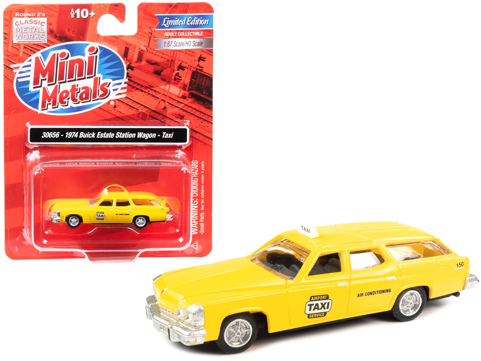 ROUND 2's  
CLASSIC METAL WORKS  
Mini Metals  
Limited Edition  
ADULT COLLECTIBLE  
1:87 Scale/HO Scale  

30656 - 1974 Buick Estate Station Wagon - Taxi  

WARNING: CHOKING HAZARD - Small parts. Not for children under 3 years.  

TAXI  
AIRPORT TAXI SERVICE  
AIR CONDITIONING  

150