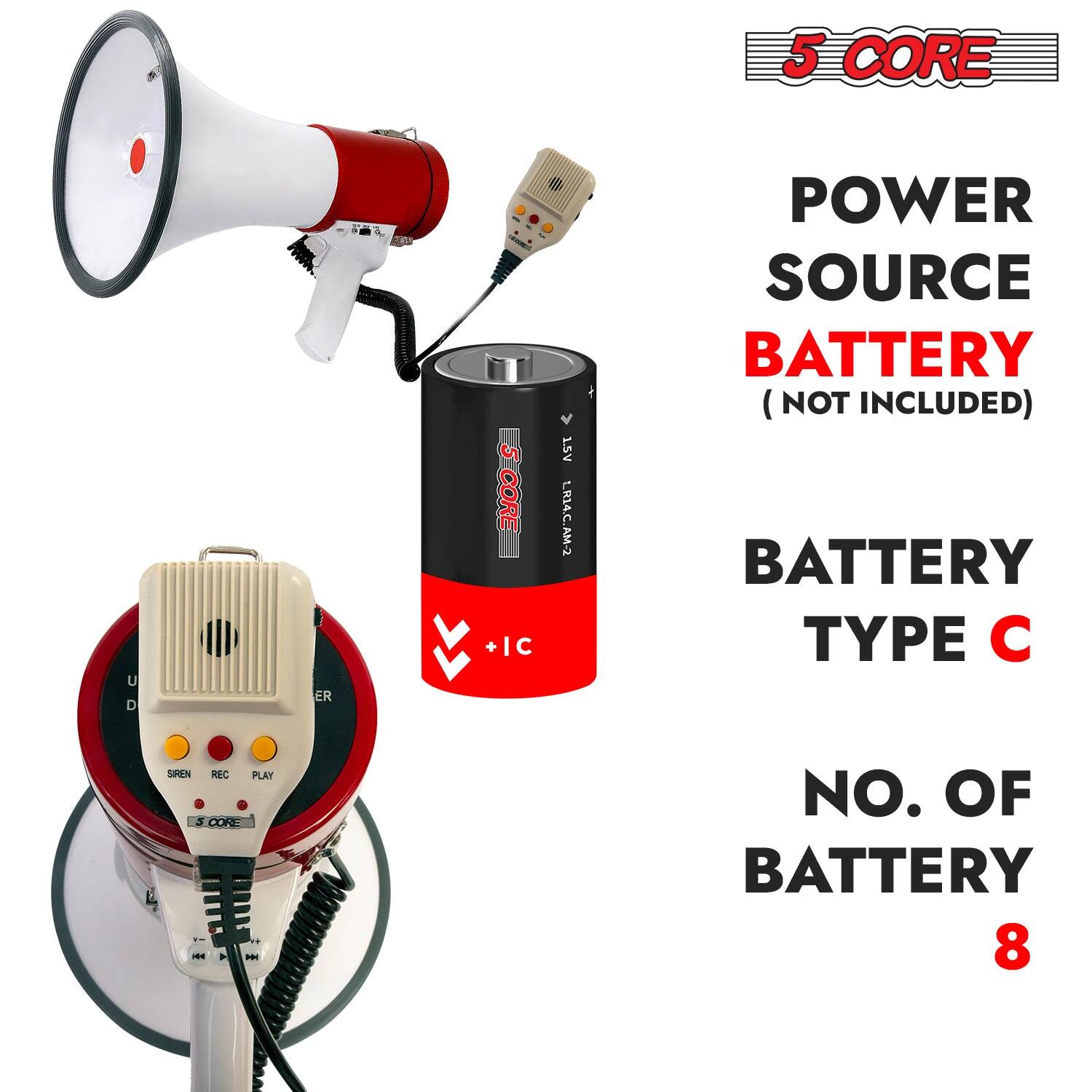 5 CORE

POWER SOURCE BATTERY (NOT INCLUDED)

BATTERY TYPE C

NO. OF BATTERY 8