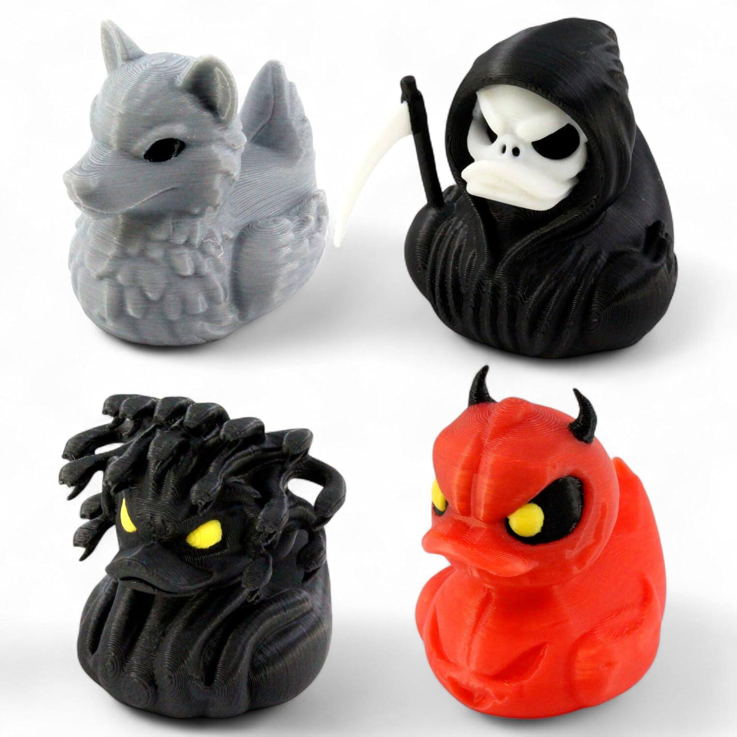 Front. JuzToys - 4 Pack 3D Printed Duck Figurines 2" Mini Ducking Ducks for Car Dashboard, Desk/Cruise Décor Werewolf, Devil by PowerTRC - Multicolored.