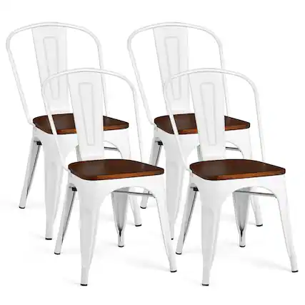Front. Costway - Costway Set of 4 Modern Metal Dining Side Chair Wood Seat Stackable Cafe Bistro - White.