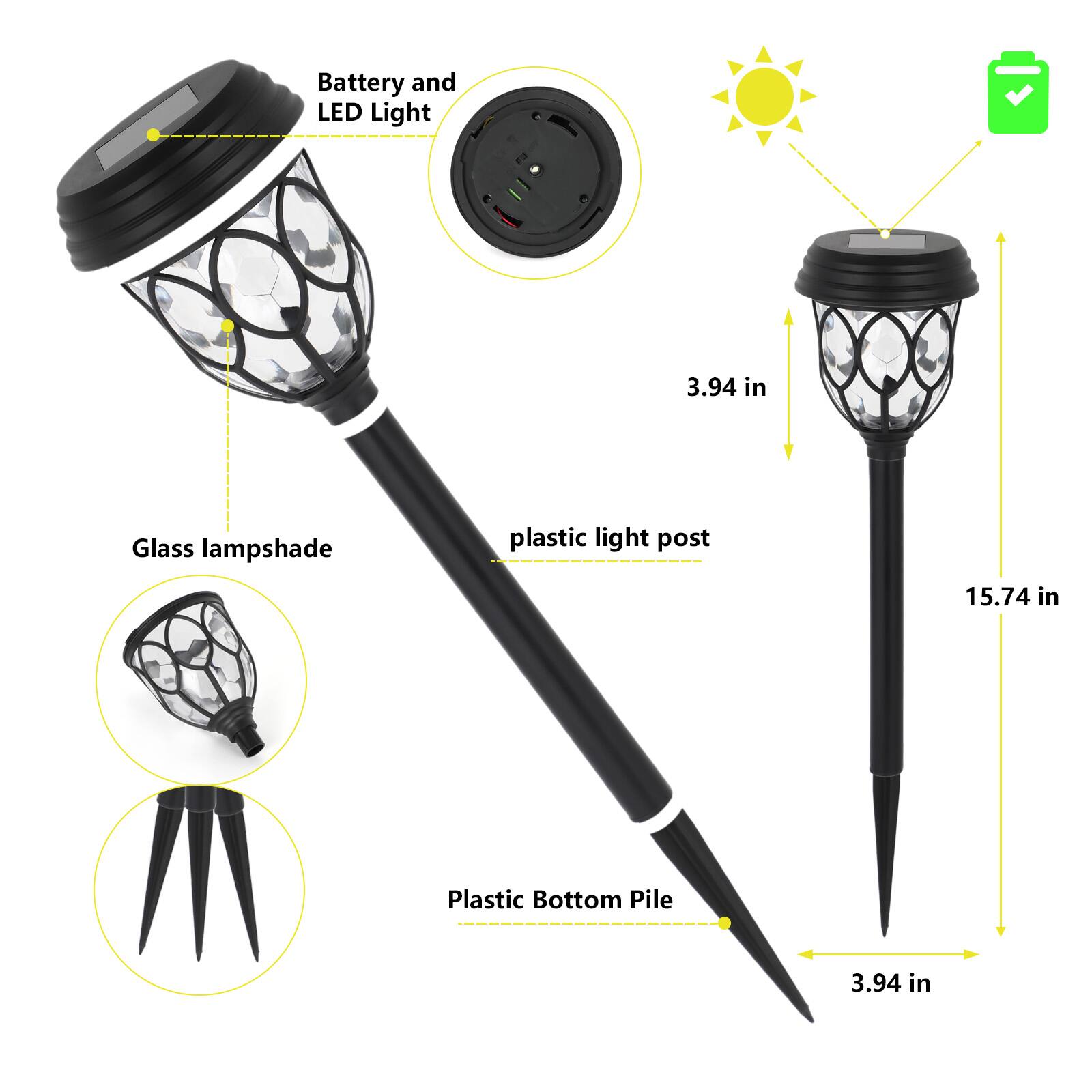 Battery and LED Light  
Glass lampshade  
Plastic light post  
Plastic Bottom Pile  

3.94 in  
15.74 in  
3.94 in