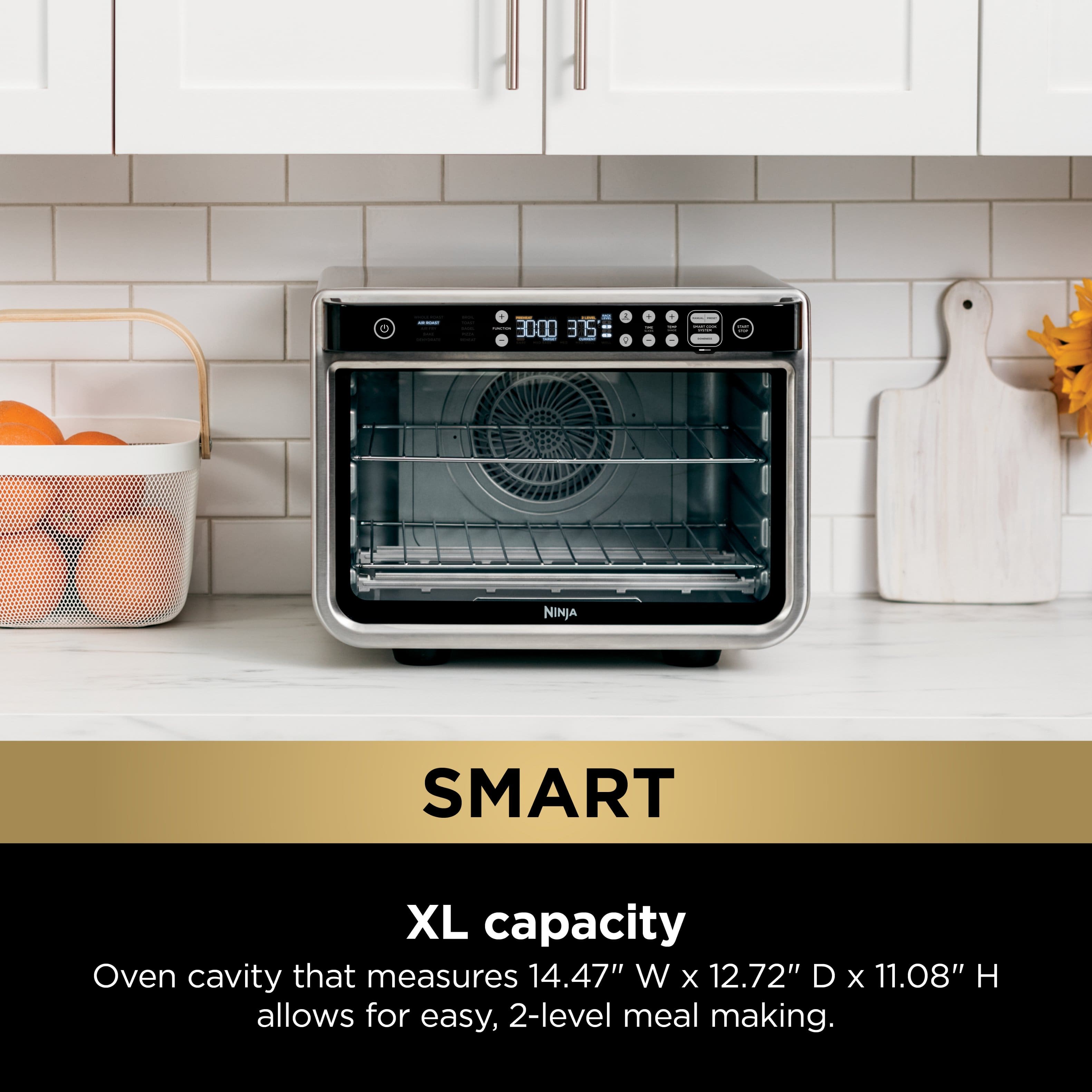 The text on the image reads: "Smart XL capacity. Oven cavity that measures 14.47" W x 12.72" D X 11.08" H allows for easy, 2-level meal making."