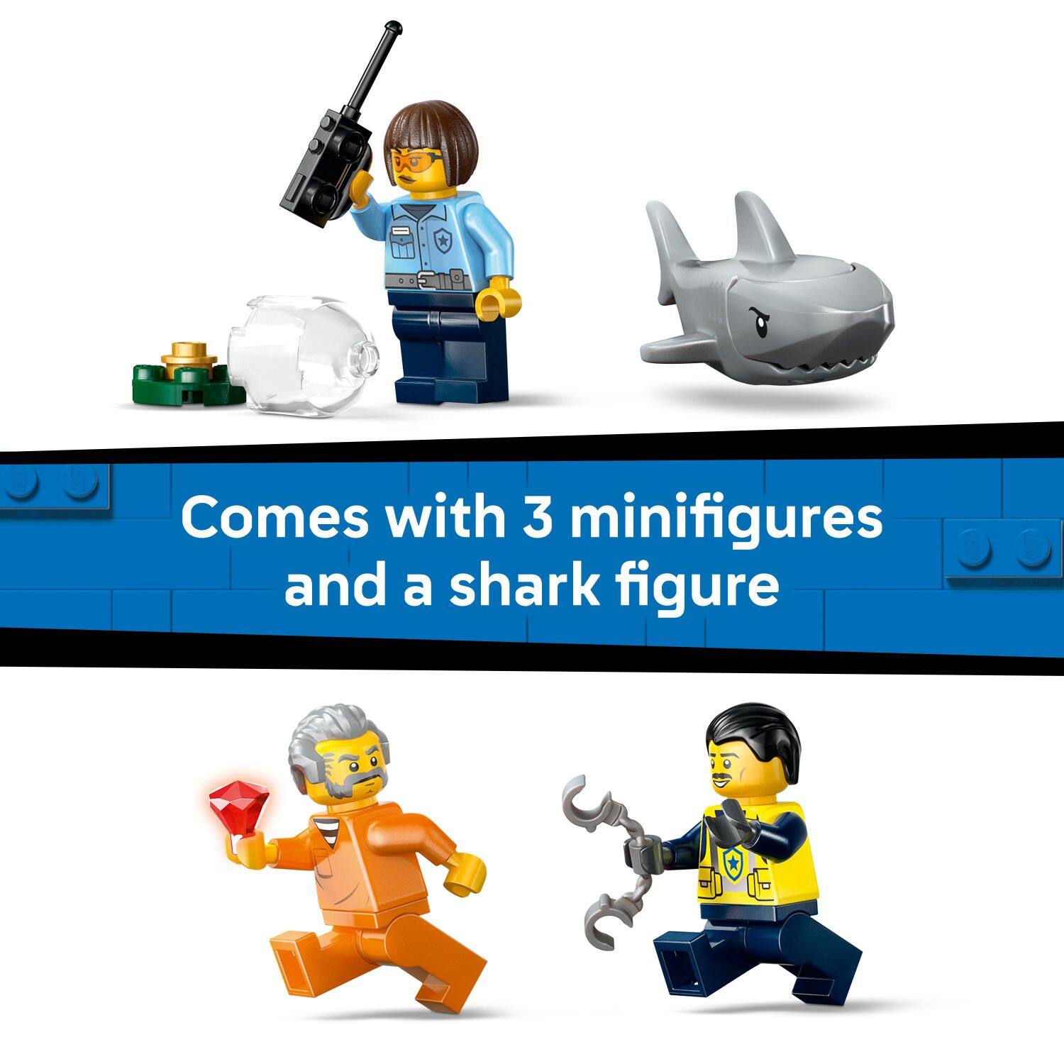 Comes with 3 minifigures and a shark figure