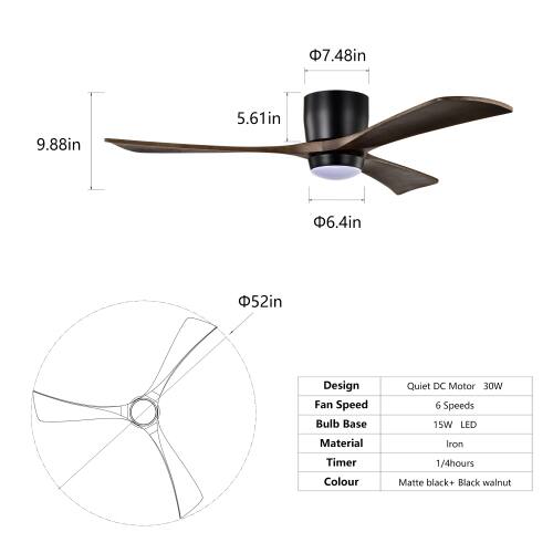 7.48in 9.88in 5.61in 6.4in 52in Design Fan Speed Bulb Base Quiet DC Motor 30W 6 Speeds 15W LED Material Iron Timer Colour 1/4hours Matte black+ Black walnut