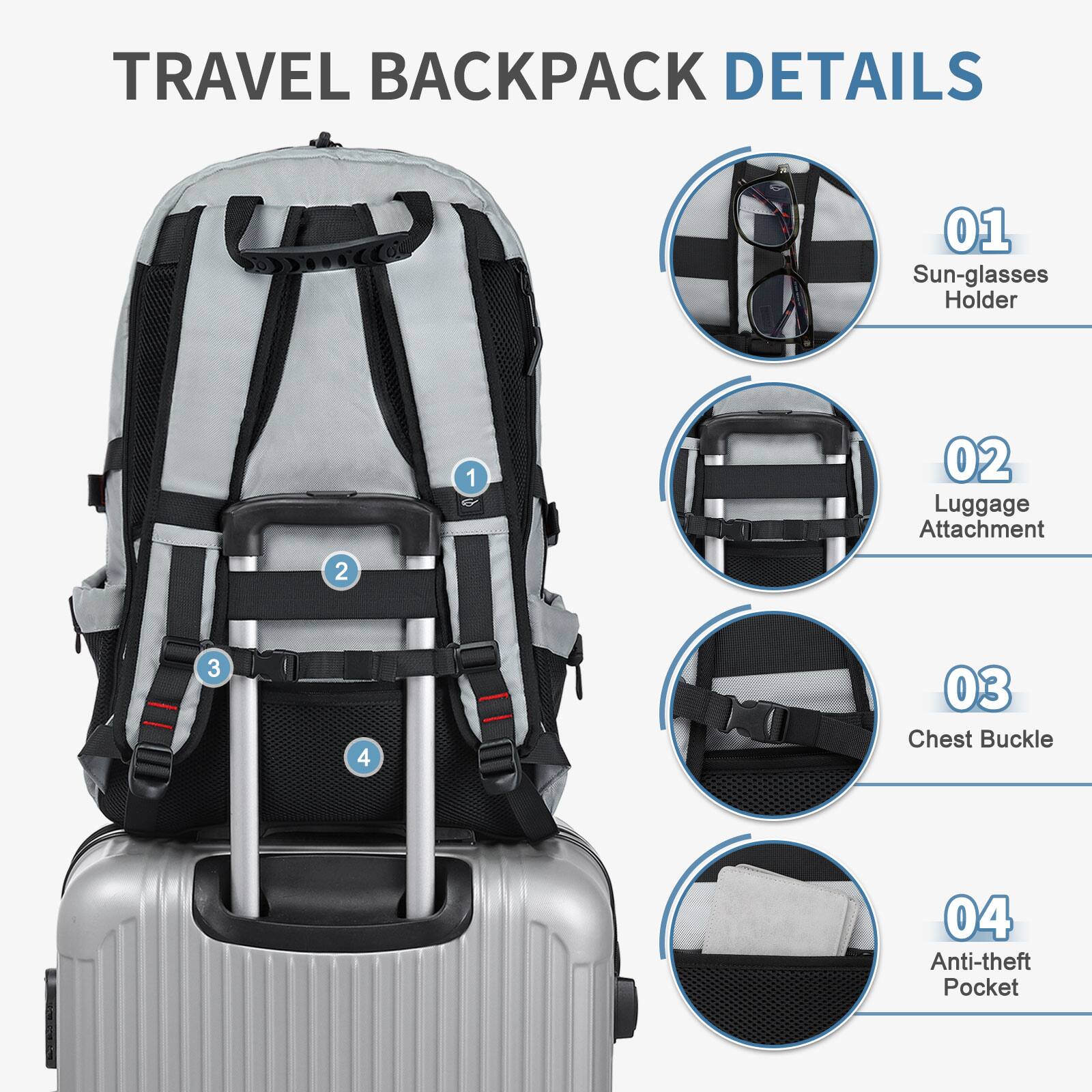 TRAVEL BACKPACK DETAILS

01 Sun-glasses Holder  
02 Luggage Attachment  
03 Chest Buckle  
04 Anti-theft Pocket