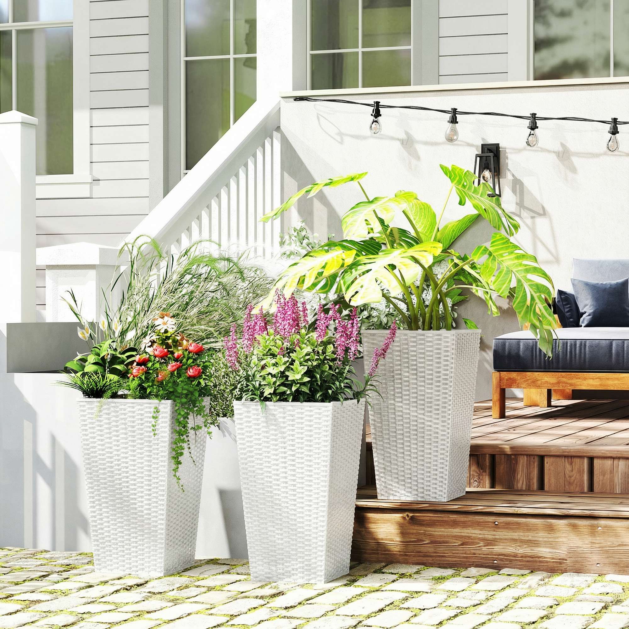 Alt View 8. Outsunny - Planters for Outdoor Plants Set of 3, 24 In Taper Planters with Drainage Holes - White.