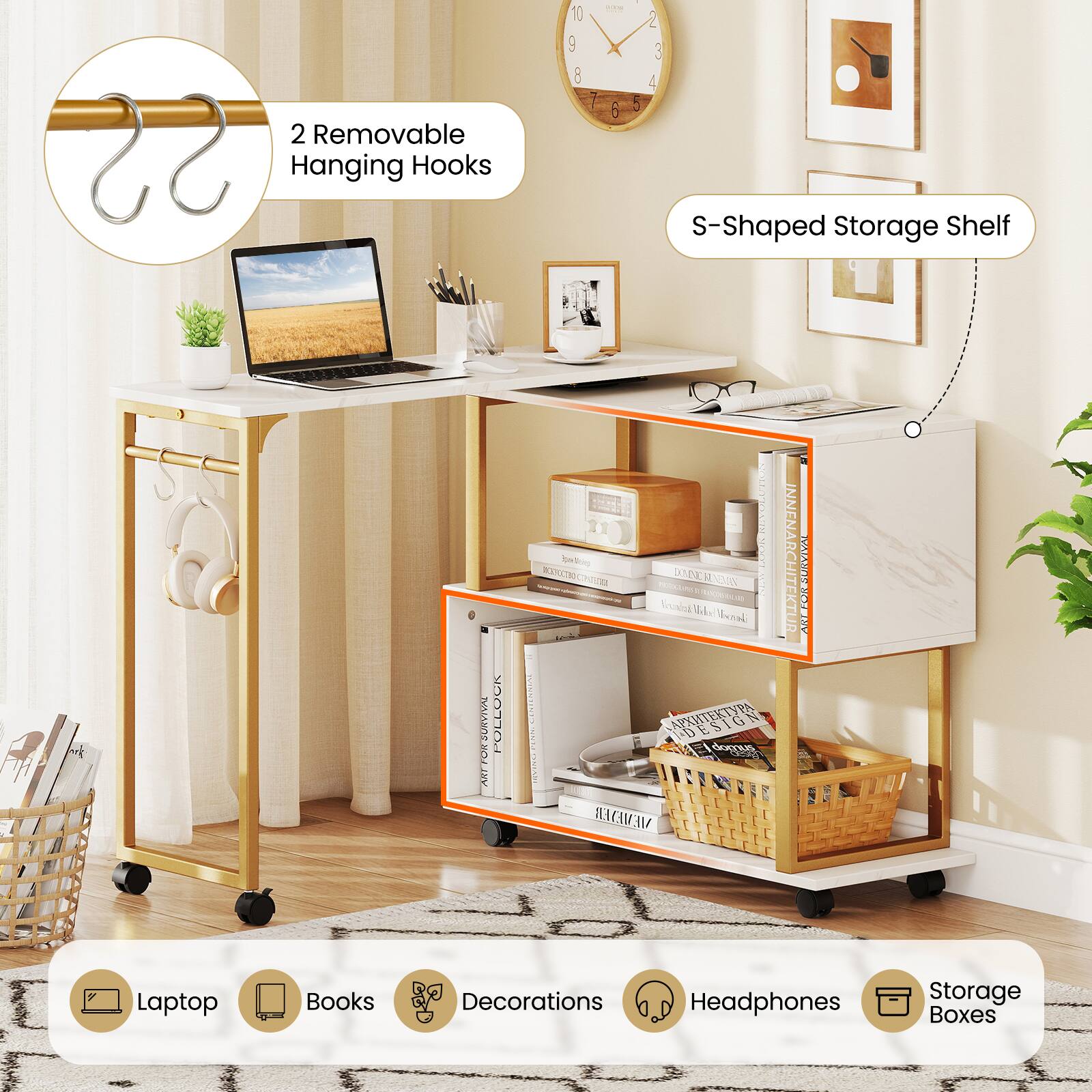 2 Removable Hanging Hooks  
S-Shaped Storage Shelf  

Laptop  
Books  
Decorations  
Headphones  
Storage Boxes