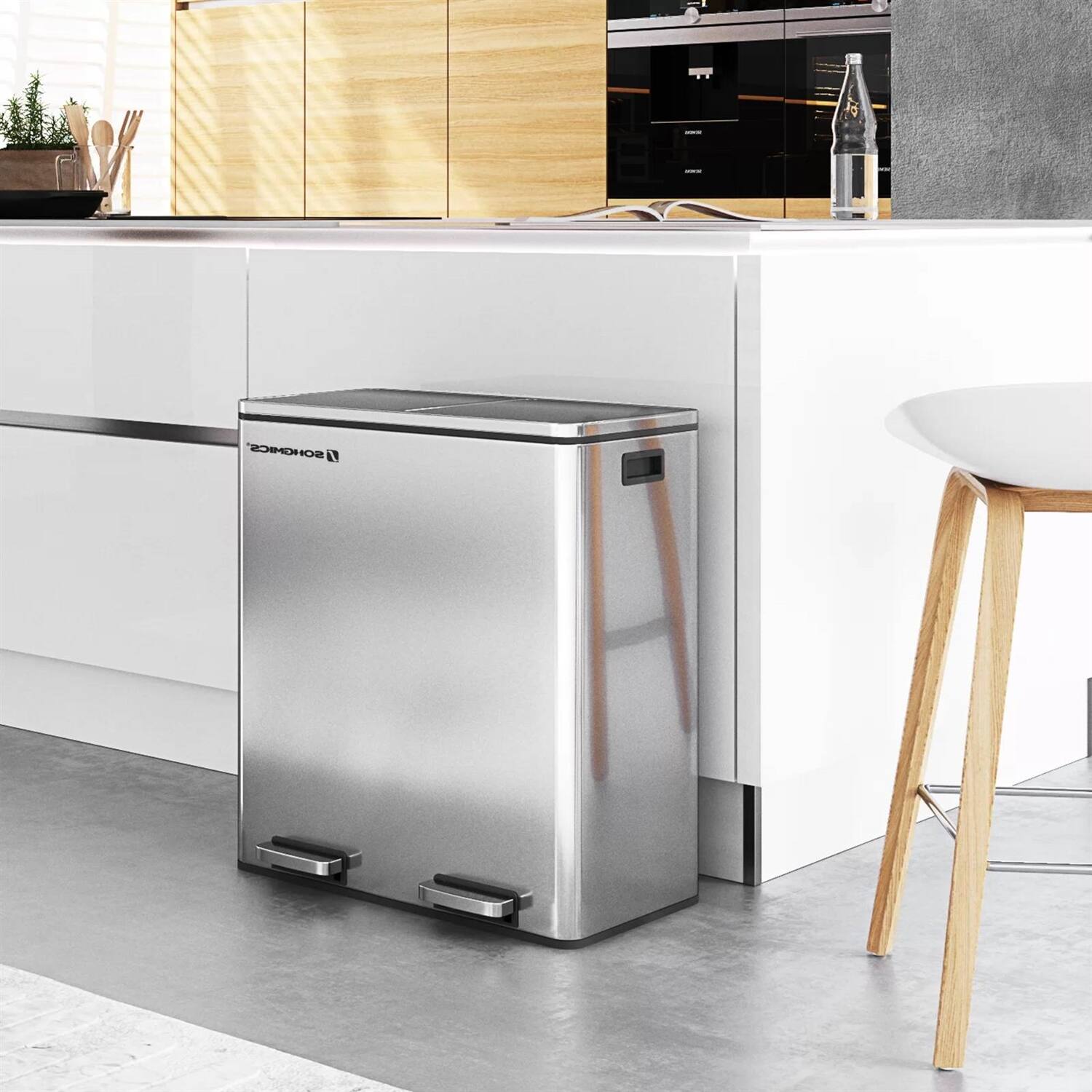 Back. Hivvago - Dual Stainless Steel 16-Gallon Trash Can Recycle Bin with 2 Step on Pedal Lids - Silver.