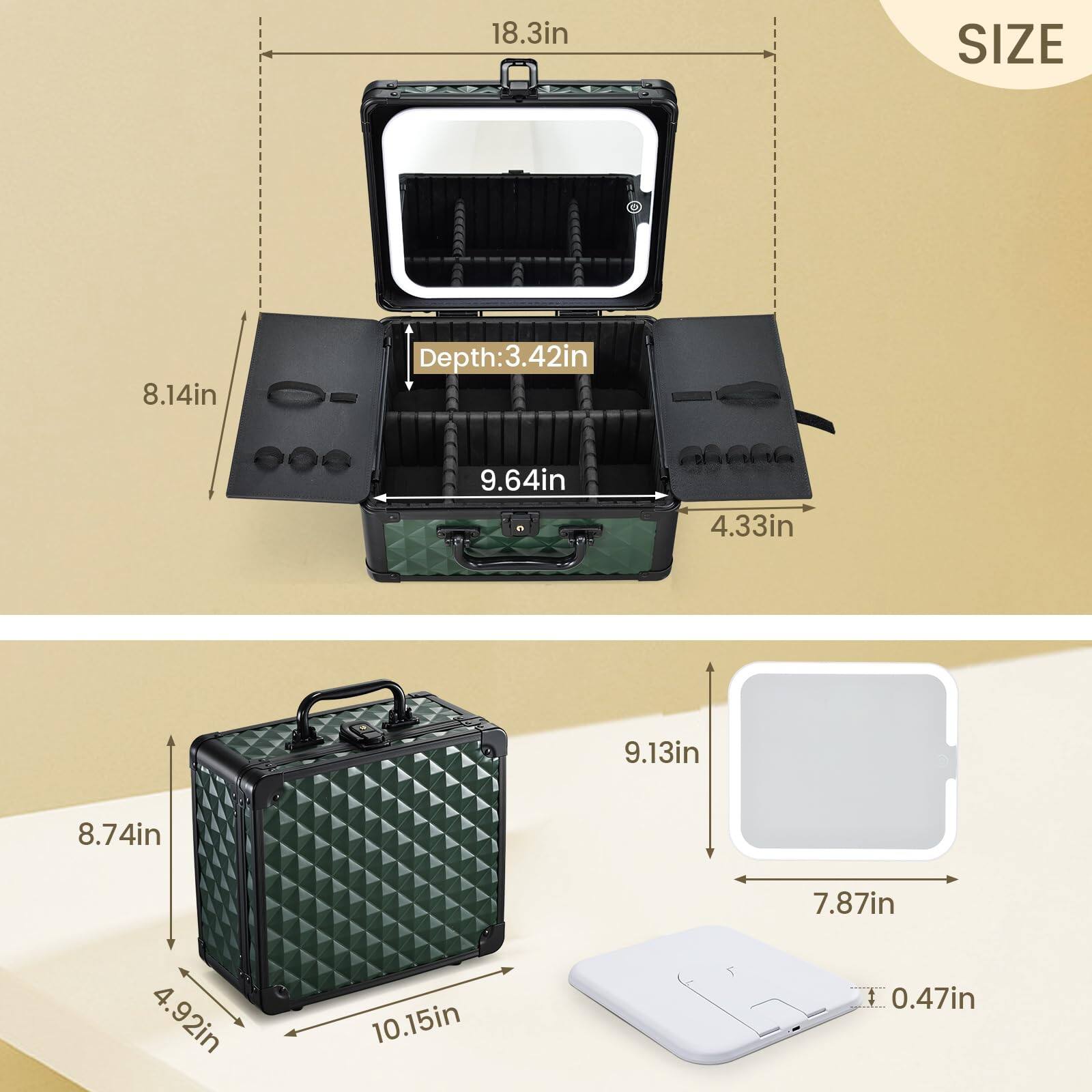 - **Top View:**
  - Width: 18.32 in
  - Depth: 8.14 in

- **Interior Dimensions:**
  - Depth: 3.42 in
  - Width: 9.64 in
  - Height: 4.33 in

- **Exterior Dimensions:**
  - Width: 10.15 in
  - Height: 8.74 in
  - Depth: 4.92 in

- **Accessories:**
  - Width: 7.87 in
  - Height: 9.13 in
  - Thickness: 0.47 in
