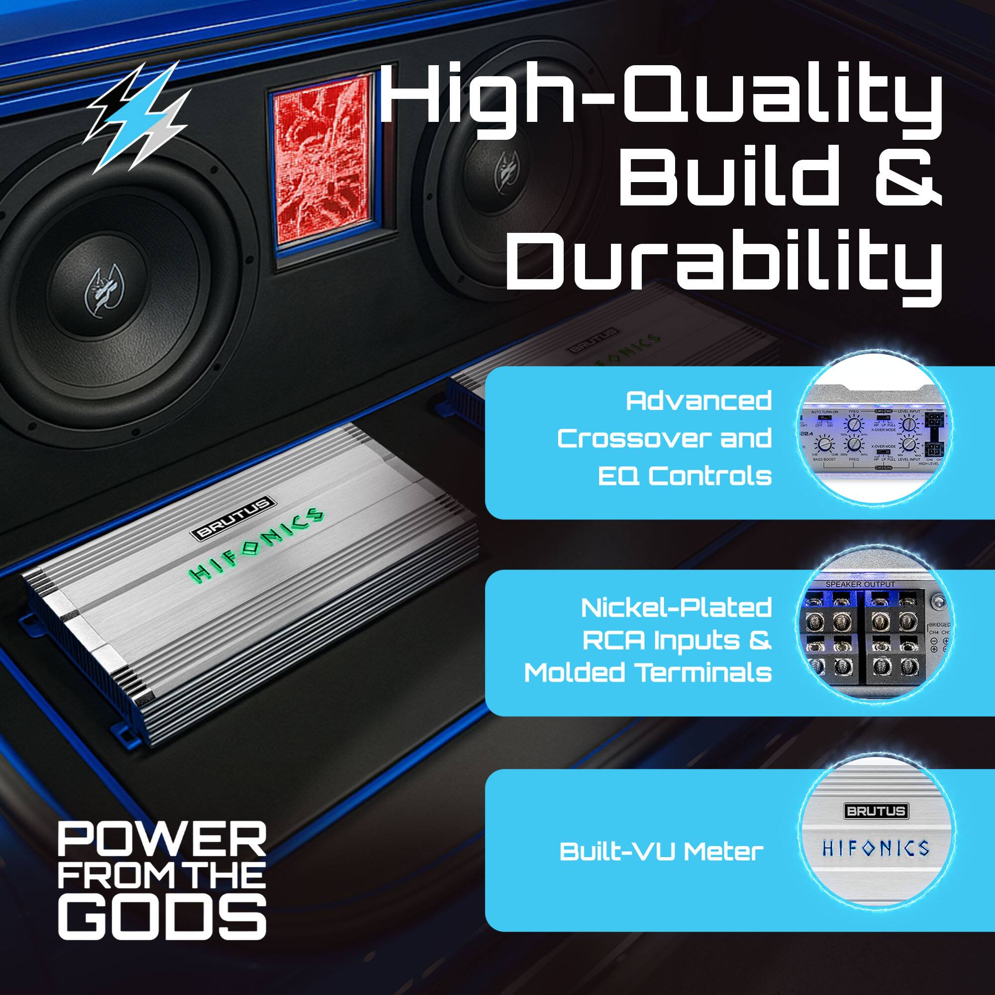 High-Quality Build & Durability

Advanced Crossover and EQ Controls

Nickel-Plated RCA Inputs & Molded Terminals

Built-VU Meter

POWER FROM THE GODS