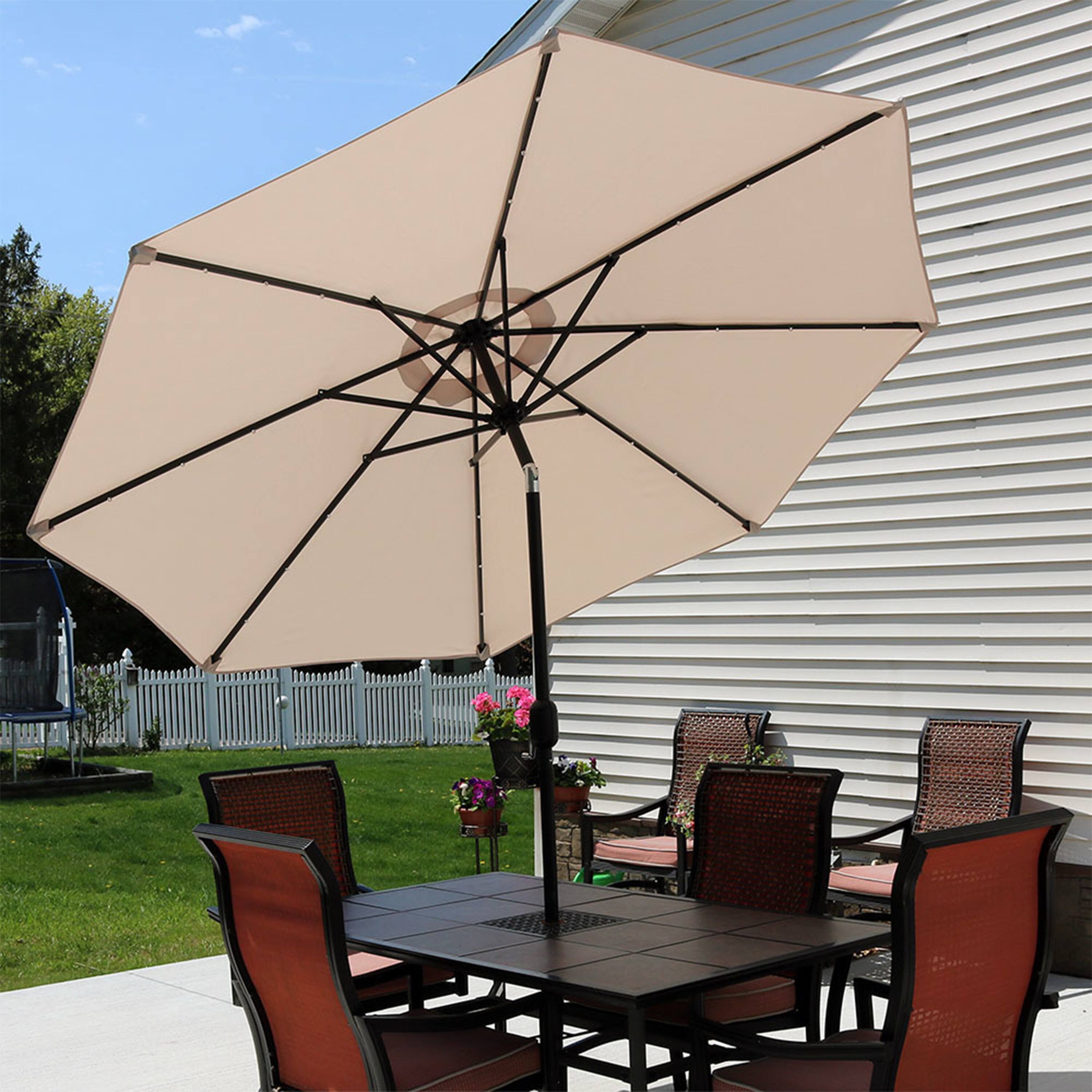Alt View 3. Sunnydaze - 9 ft Solar Aluminum Patio Umbrella with Tilt and Crank - Beige.