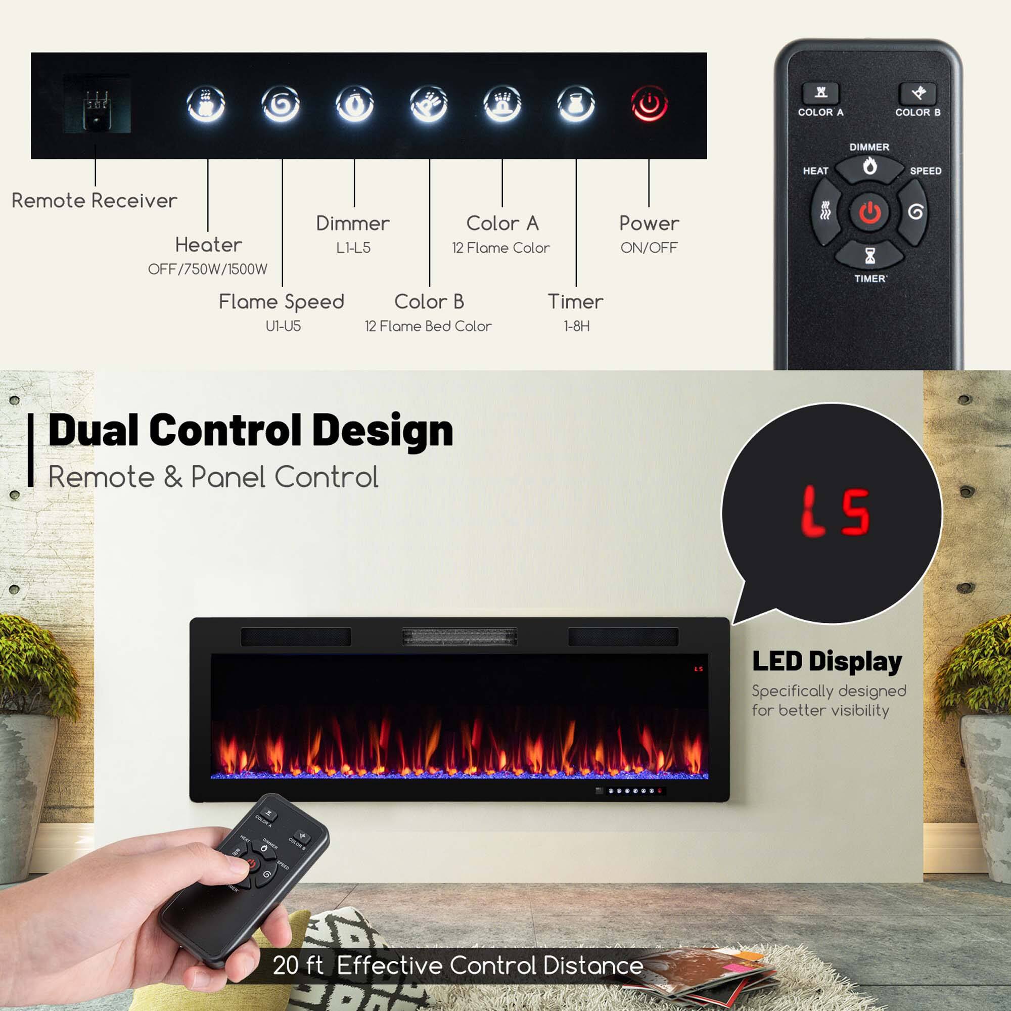 - Remote Receiver
  - Heater: OFF/750W/1500W
  - Flame Speed: U1-U5
  - Dimmer: L1-L5
  - Color A: 12 Flame Color
  - Color B: 12 Flame Bed Color
  - Timer: 1-8H
  - Power: ON/OFF

- Dual Control Design
  - Remote & Panel Control

- LED Display
  - Specifically designed for better visibility

- 20 ft Effective Control Distance

- COLOR A
- COLOR B
- DIMMER
- HEAT
- SPEED
- TIMER

- L5