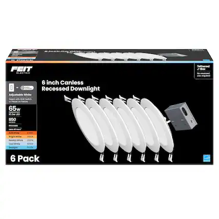 FRIT Blosh CORICI ROSED
YOUR ACTODICTOGIONSTORY.COM
- Pack
4
4
4
44
FEIT ELECTRIC 6 inch Canless or Switch on Flature Recessed Downlight Adjustable White Select with Wall Switch or Preset on Fixture
Tethered J-Box No recessed can required
65w Replacement 10.3w LED 850 lumens
Dimmable
Lasts 45 Years
Soft White Bright White Neutral White
2700K 3000K 3500K
Cool White Daylight
4000K 5000K
6 Pack
Mikono