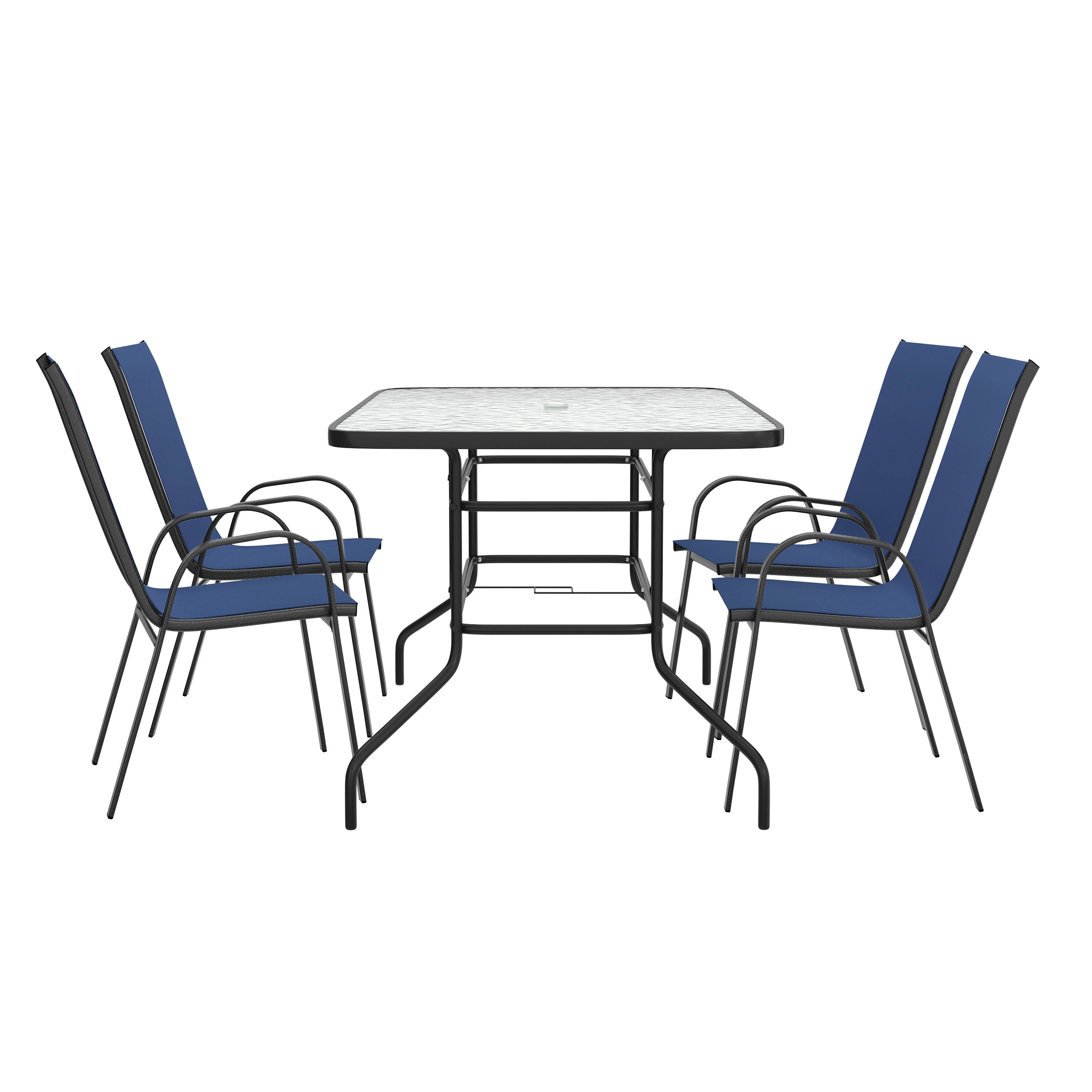 Left. Flash Furniture - Brazos 5 Piece Outdoor Patio Dining Set - 55" Tempered Glass Patio Table with Umbrella Hole, 4 Navy Flex Comfort Stack C - Blue.