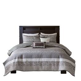 Gracie Mills - Hickman 6 Piece Striped Reversible Jacquard Quilt Set with Throw Pillows - Grey/Taupe