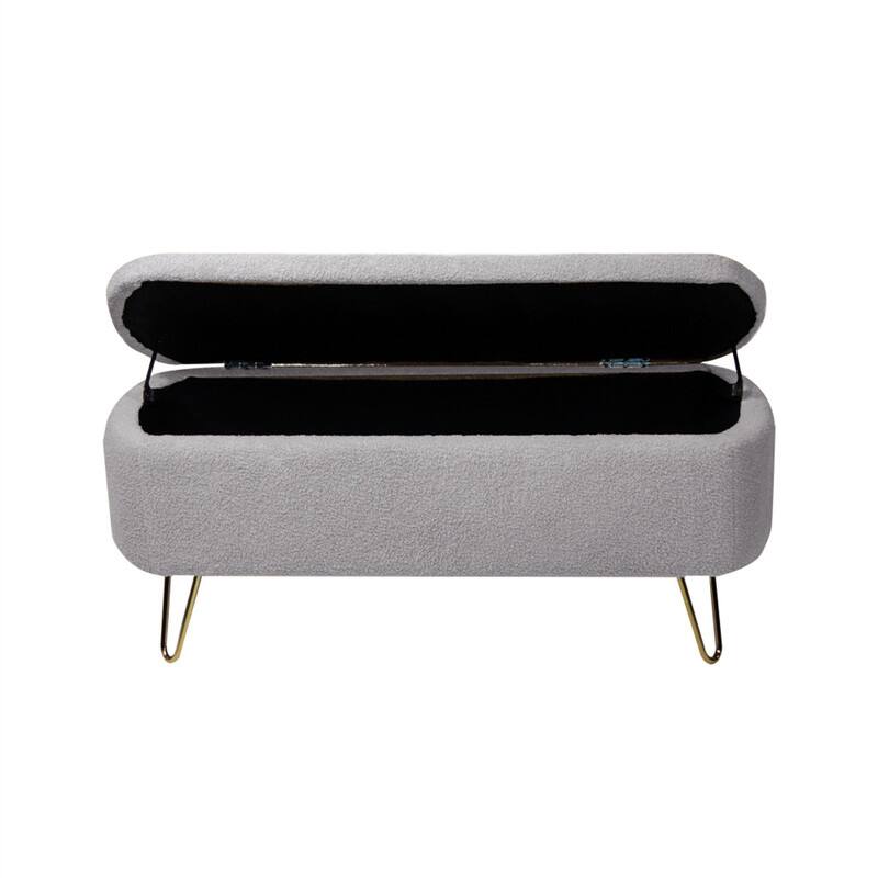 Angle. HTUTWOO - Storage Ottoman Bench for Bedroom - Faux Fur Upholstered Bench with Gold Legs, Padded Storage Bench for Living Room - Grey.