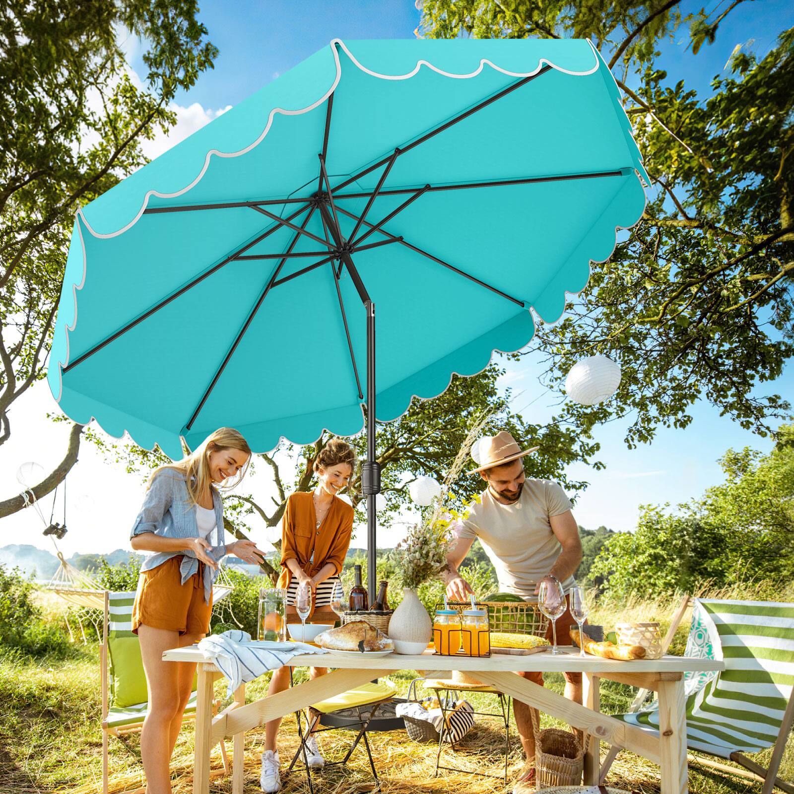 Alt View 5. Costway - Costway 10 FT Patio Umbrella with Crank Tilt Adjustment Ruffles Vented Top 8 Ribs - Blue.