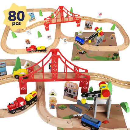 Front. EZTW1 - Wooden Set With Magnetic Crane Tracks Toys For 3 4 5 Old Boy Gift Wood Fits Thomas Brio Chuggington - 80 PCS Wooden Train set.