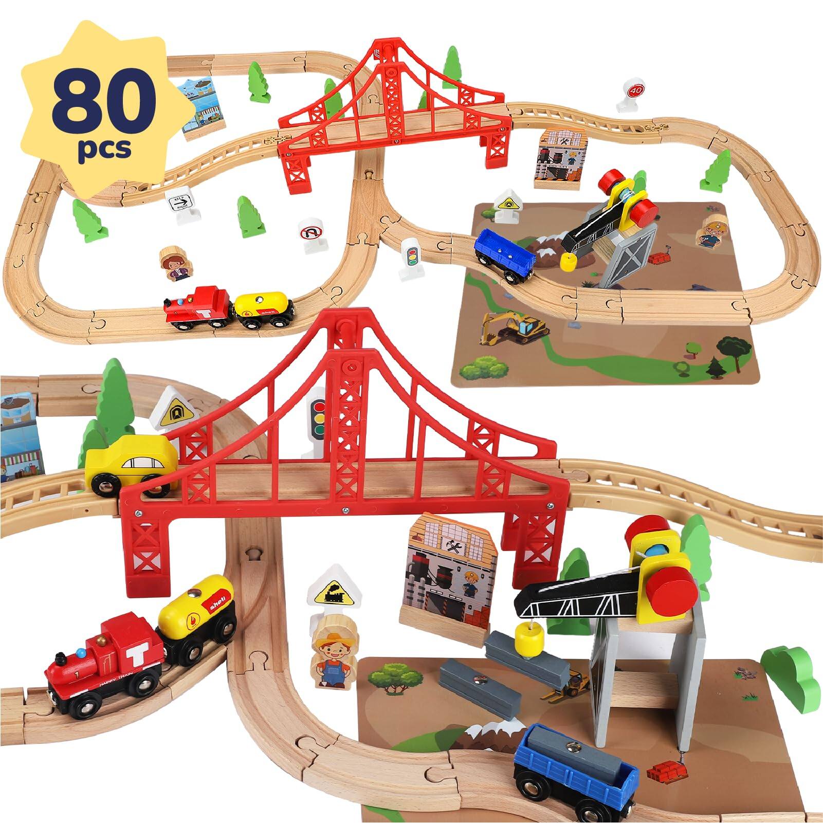 Front. EZTW1 - Wooden Set With Magnetic Crane Tracks Toys For 3 4 5 Old Boy Gift Wood Fits Thomas Brio Chuggington - 80 PCS Wooden Train set.