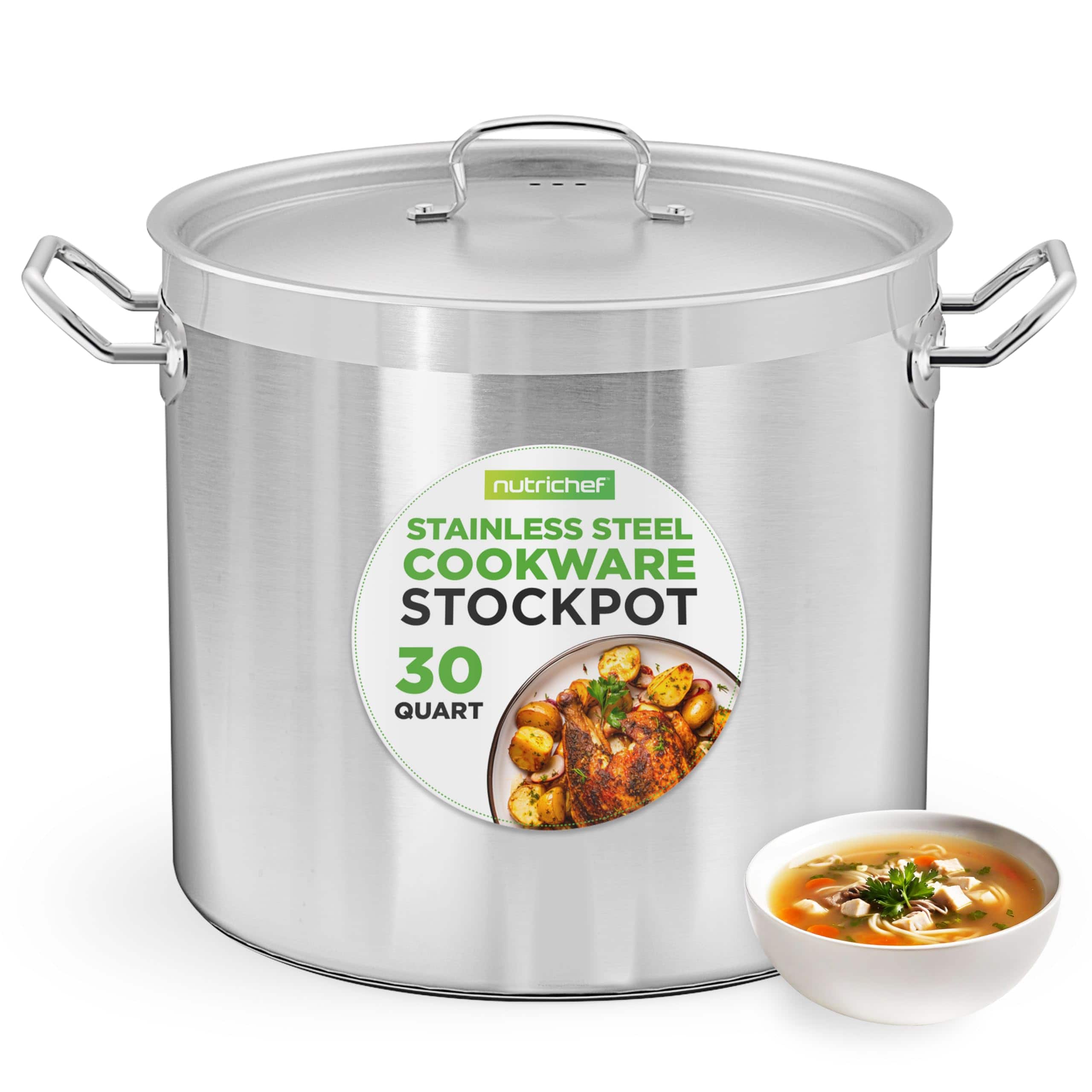NutriChef - 30-Quart Stainless Steel Stock Pot, Heavy Duty with Lid, Induction-Compatible - NCSPT30Q - Silver