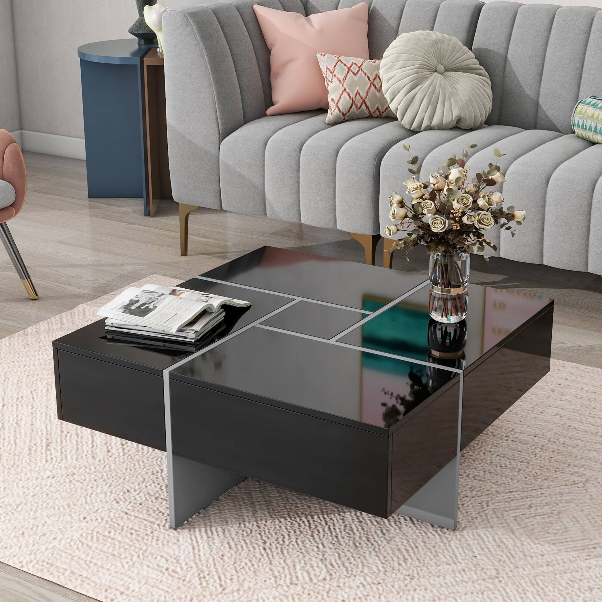Angle. GOODSILO - Modern Extendable Square Coffee Table with Hidden Storage Compartments and Sliding Tabletop for Living Room - Black.