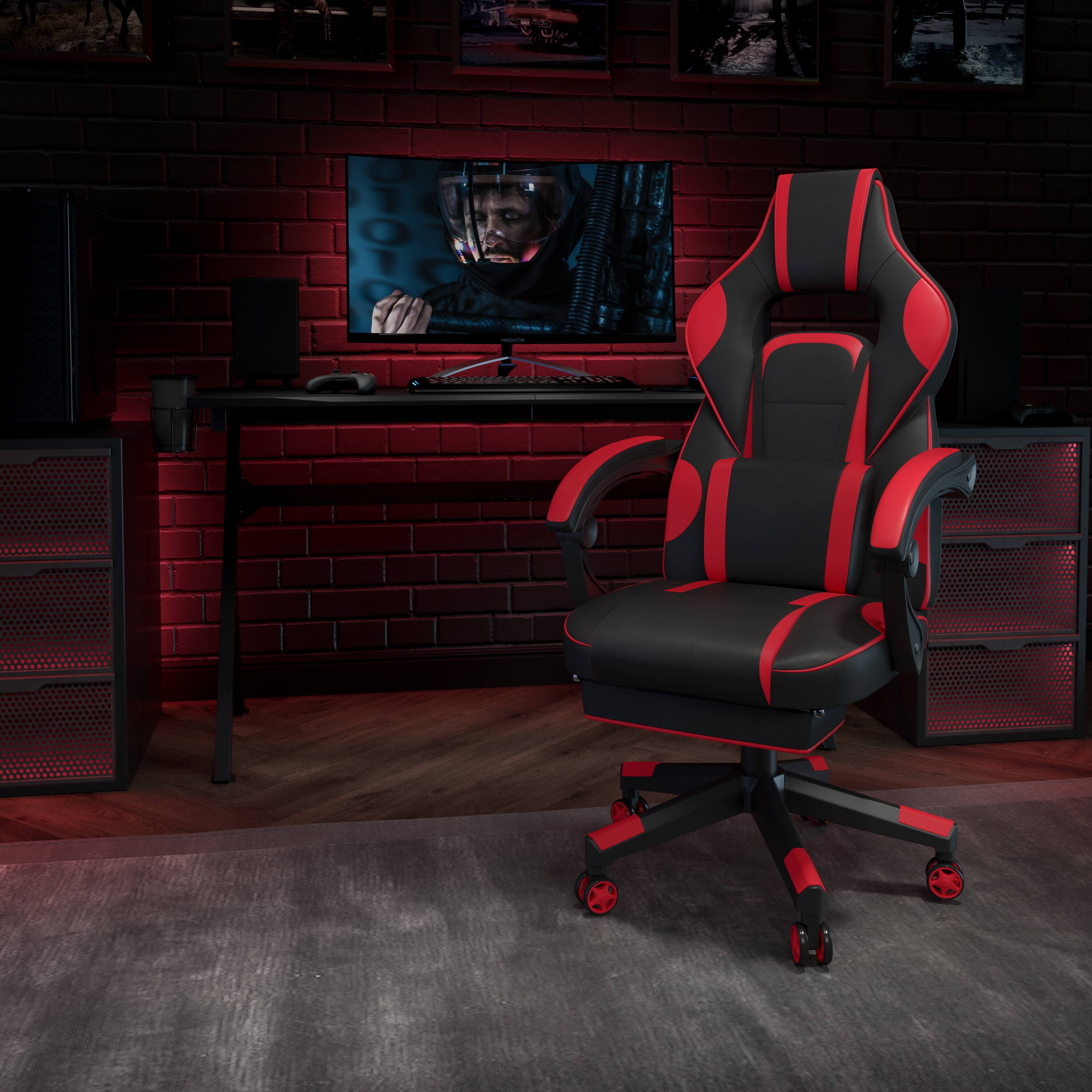 Alt View 1. Emma + Oliver - Ergonomic Gaming Chair -Recline Back/Arms, Footrest, Massaging Lumbar - Black with Red Trim.