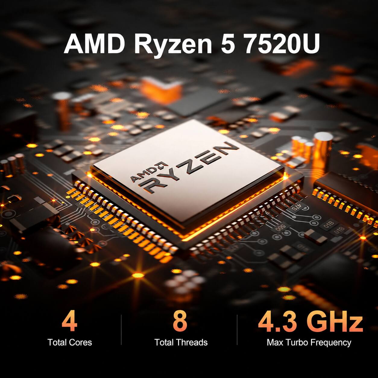 AMD Ryzen 5 7520U  
AMD2 RYZEN 47S  
1 I 500 . . 018 018 4  
Total Cores: 8  
Total Threads: 8  
Max Turbo Frequency: 4.3 GHz