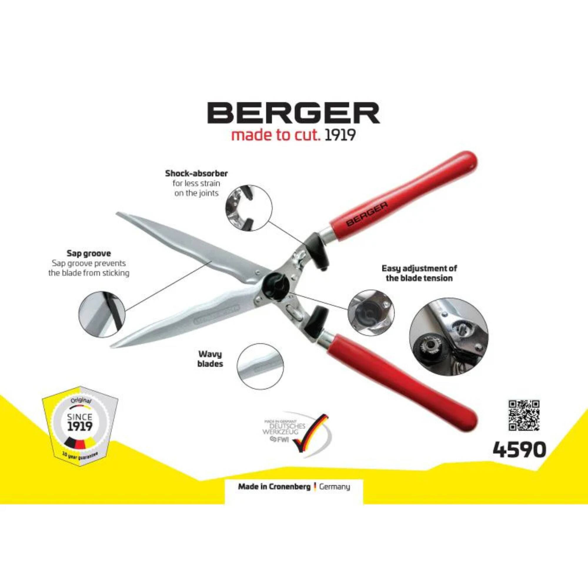 BERGER made to cut. 1919

- Shock-absorber for less strain on the joints
- Sap groove: Sap groove prevents the blade from sticking
- Easy adjustment of the blade tension
- Wavy blades

Original SINCE 1919

DEUTSCHES WERKZEUG
FWI 4590

Made in Cronenberg, Germany