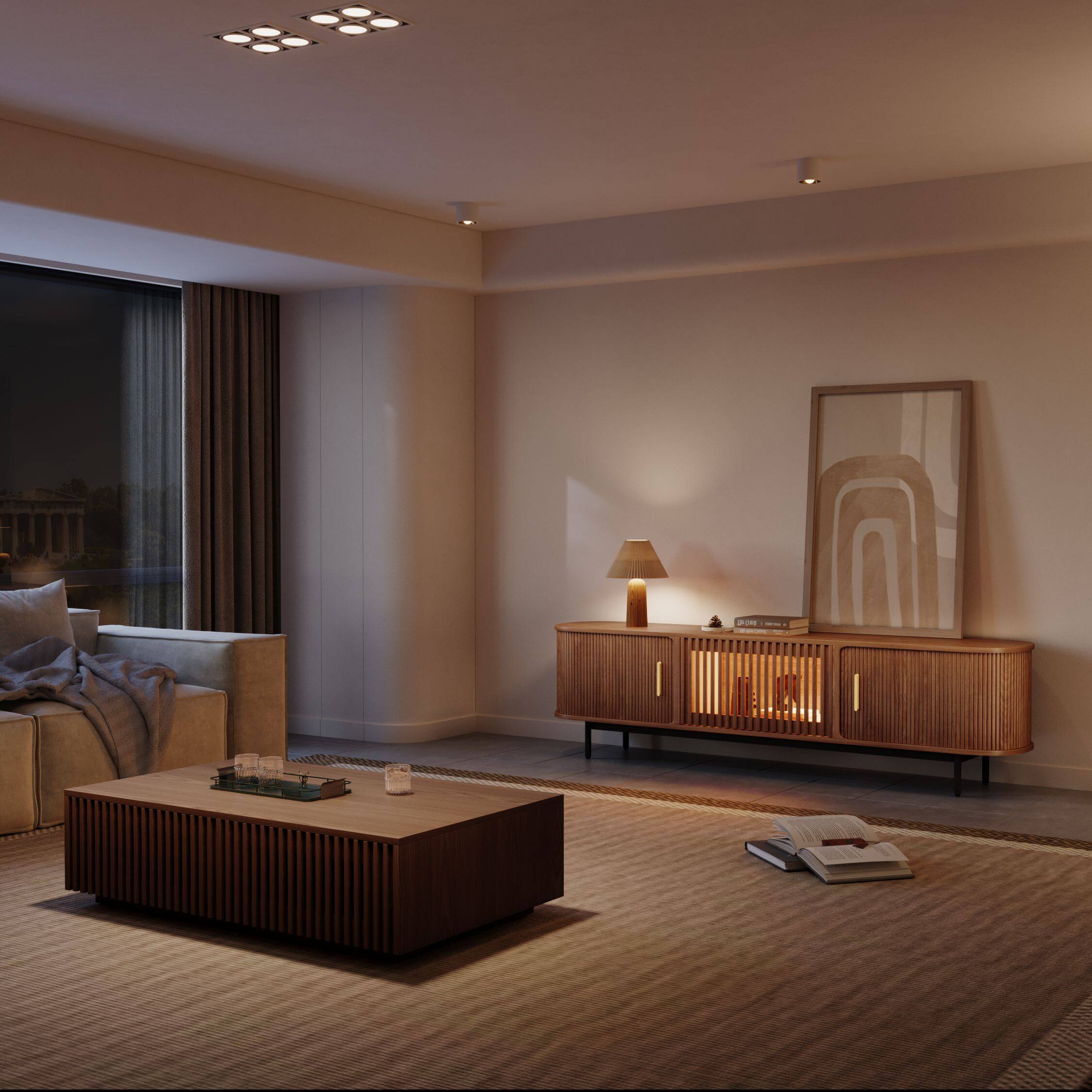 Left. POVISON - 79"Mid-Century Modern Tambour Door TV Stand ,Walnut with LED Lights - Walnut with LED Lights.