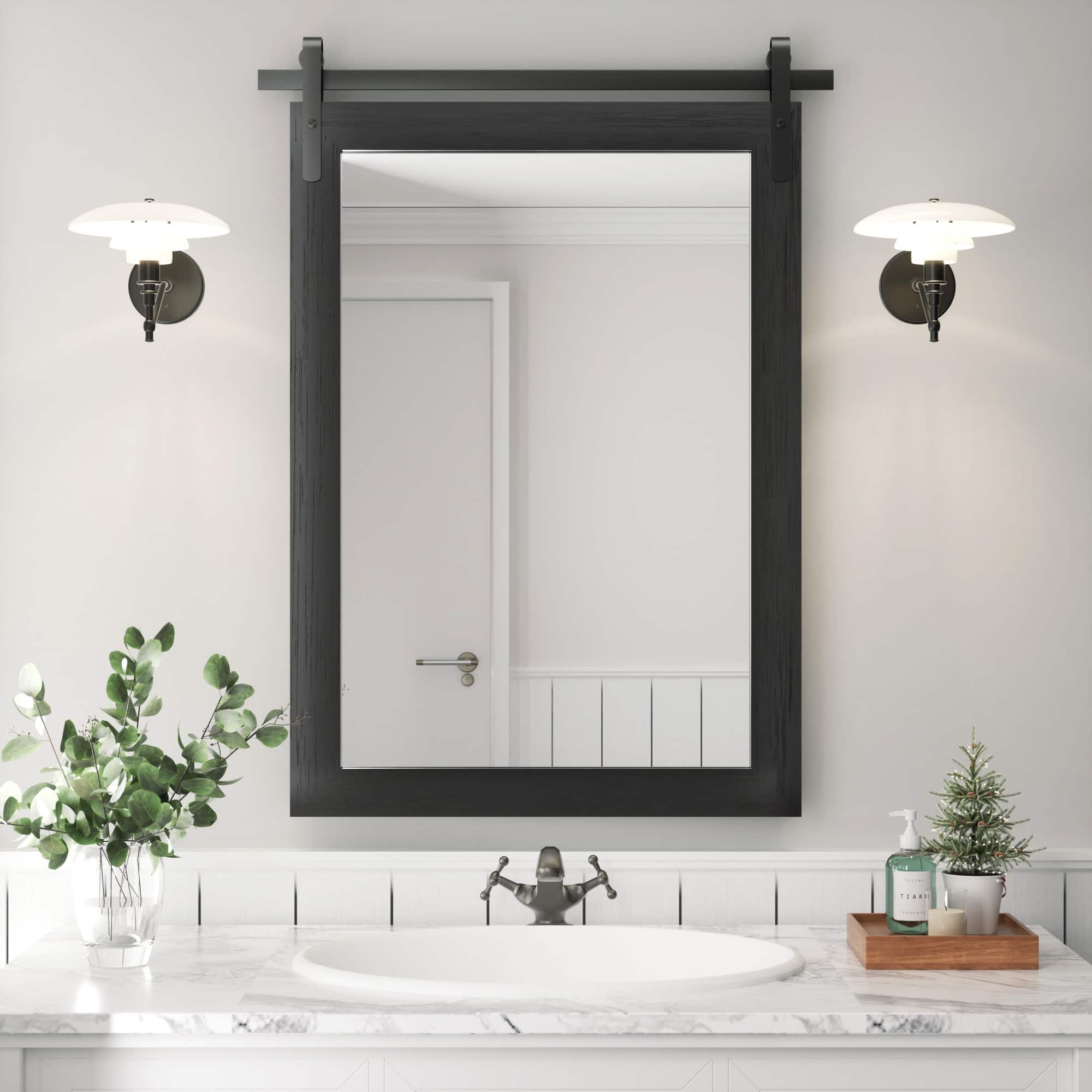 PAIHOME - Wood Wall Mirror Modern Farmhouse Accent Rectangular Bathroom Mirror Vanity Mirror for Bedroom Living Room Decor - Black - 22"x30"