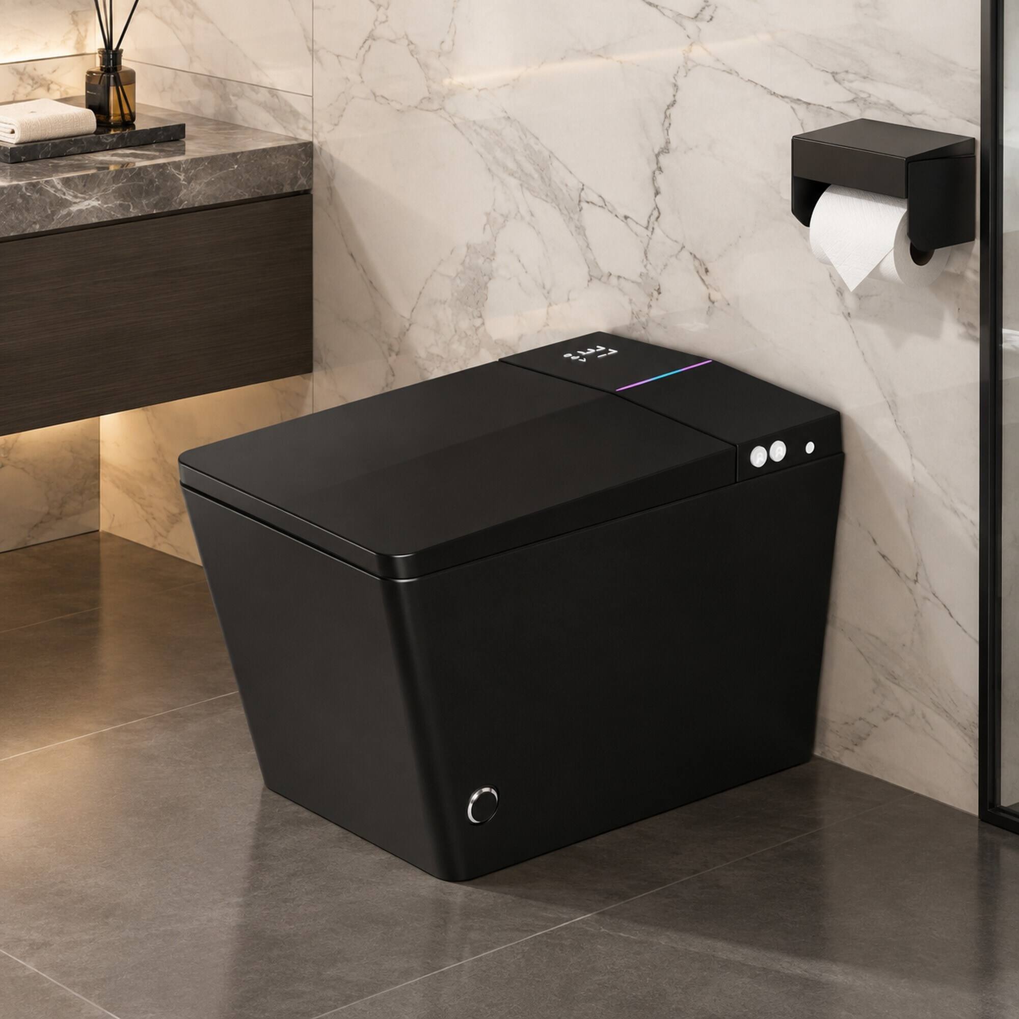 Alt View 1. RYHNUYNE - Square Matte Black Smart Bidet Toilet, Built-in Tank Remote Foot Touch Auto Flush Heated Seat LED Display User Memory - Matte Black.