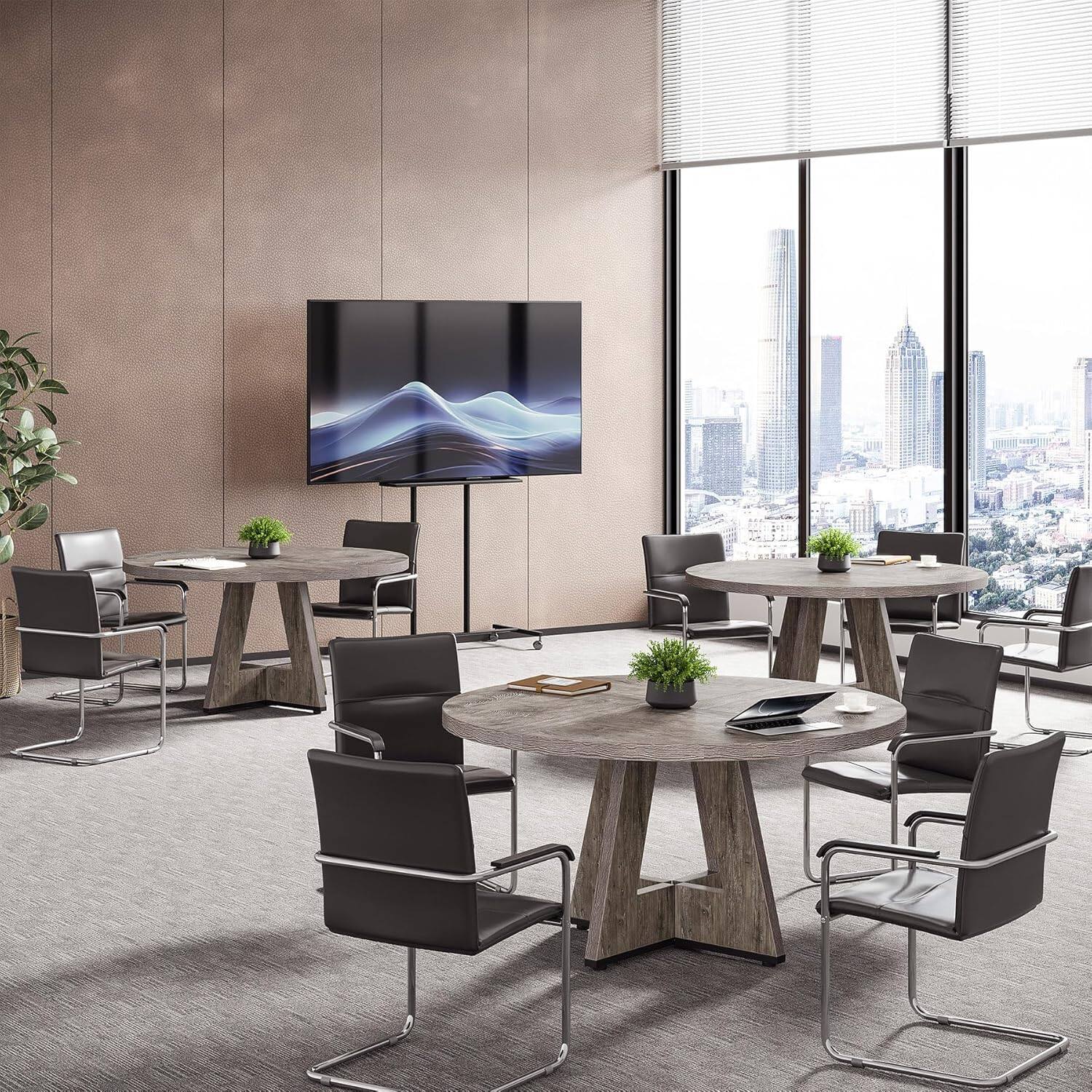 Angle. Tribesigns - Round Conference Table with Wood Construction and Adjustable Feet for Meetings, Writing and Everyday Work - Gray.