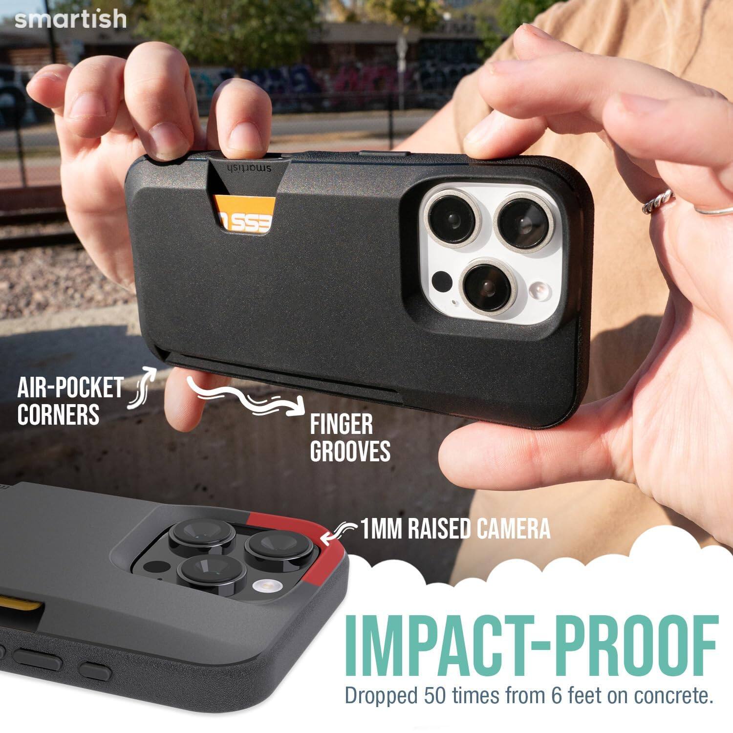smartish  
SS3  
AIR-POCKET CORNERS  
FINGER GROOVES  
1MM RAISED CAMERA  
IMPACT-PROOF  
Dropped 50 times from 6 feet on concrete.