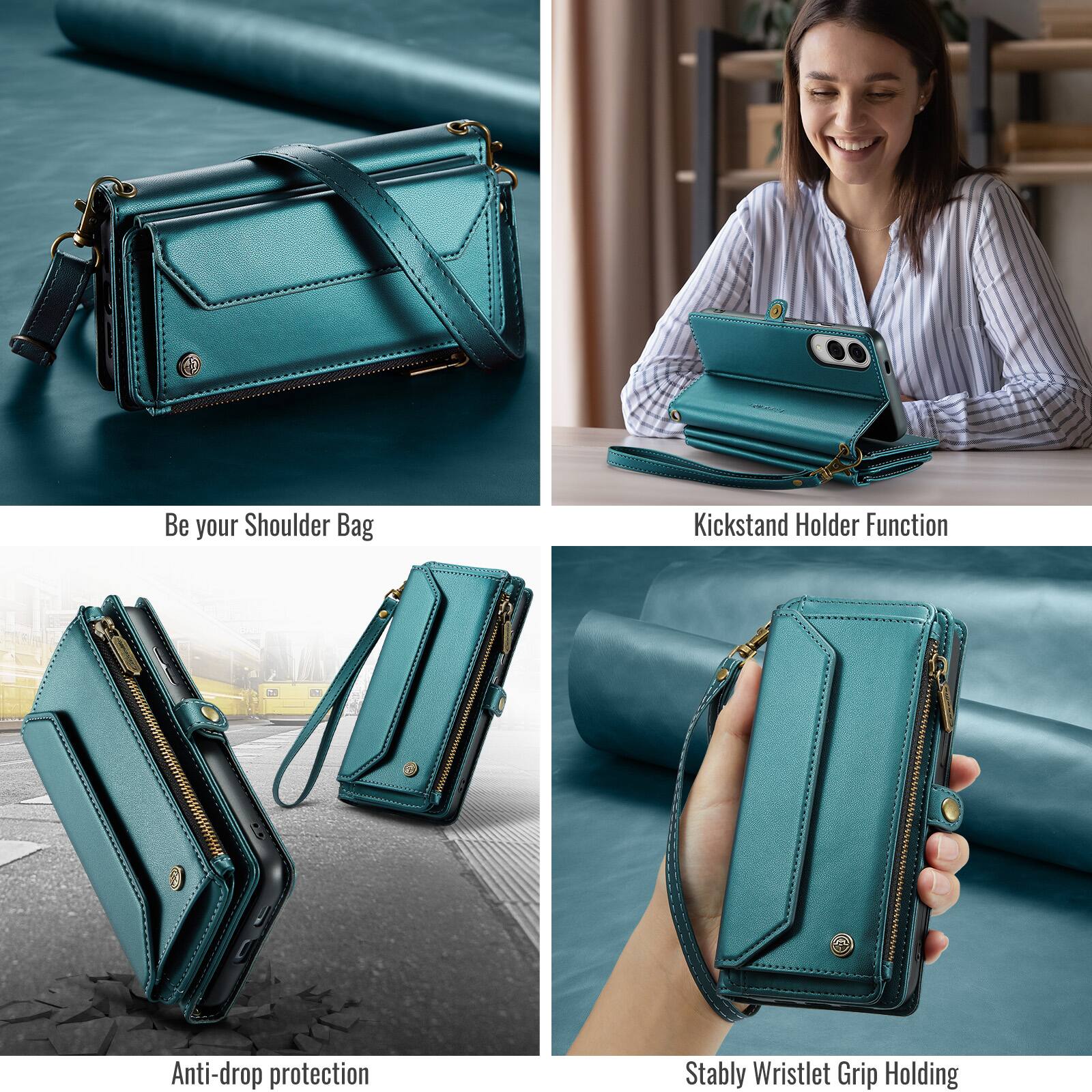 Be your Shoulder Bag  
Kickstand Holder Function  
Anti-drop protection  
Stably Wristlet Grip Holding