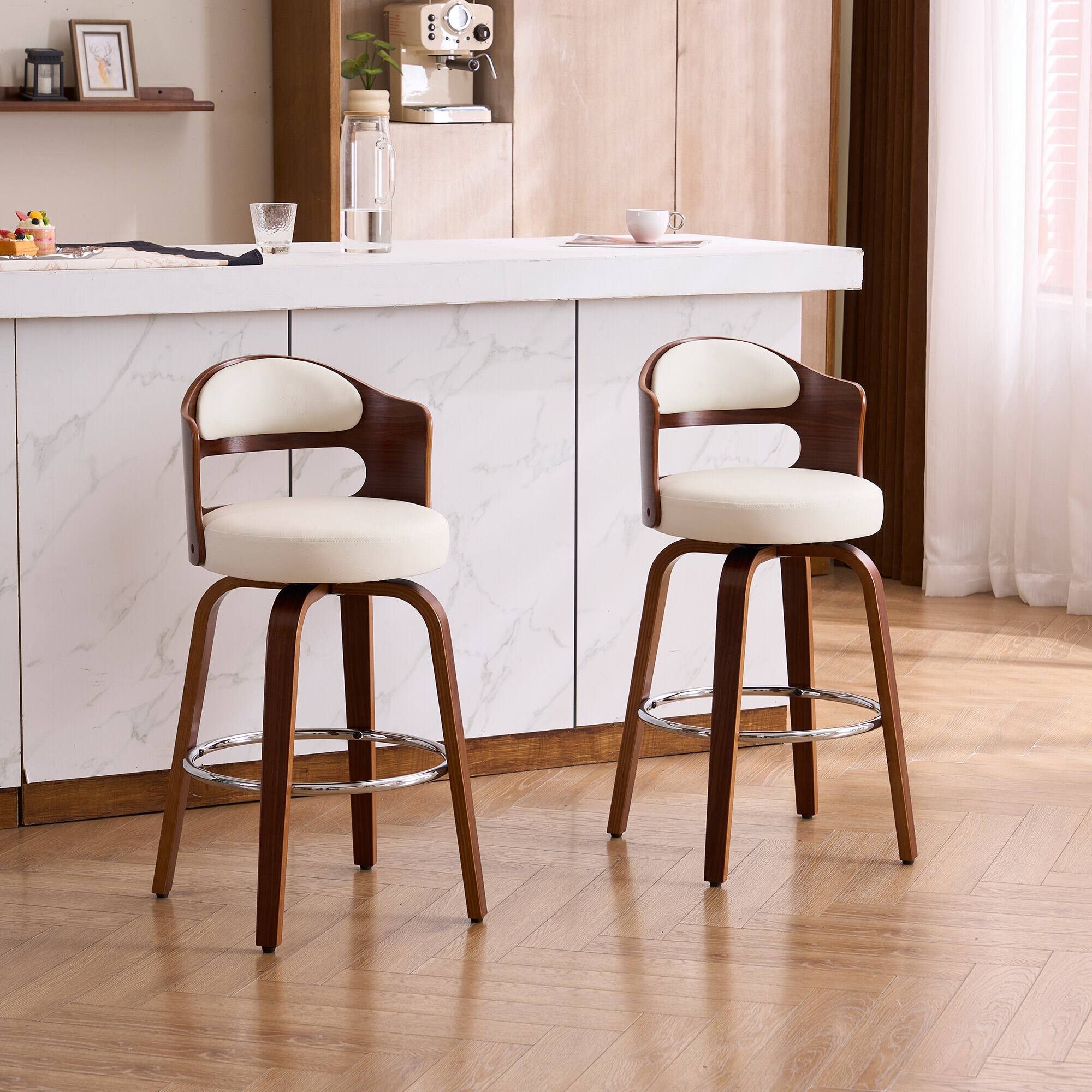FERPIT - Faux Leather Swivel Counter Bar Stools with Wood Legs Set of 2, 26" - White