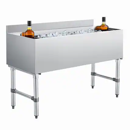 Front. VEVOR - Commercial Ice Bin, 137.4 Qt Max Capacity, 48 x 19 x 33 Inch Stainless Steel Ice Chest with Sliding Lid and Bottle - Silver.