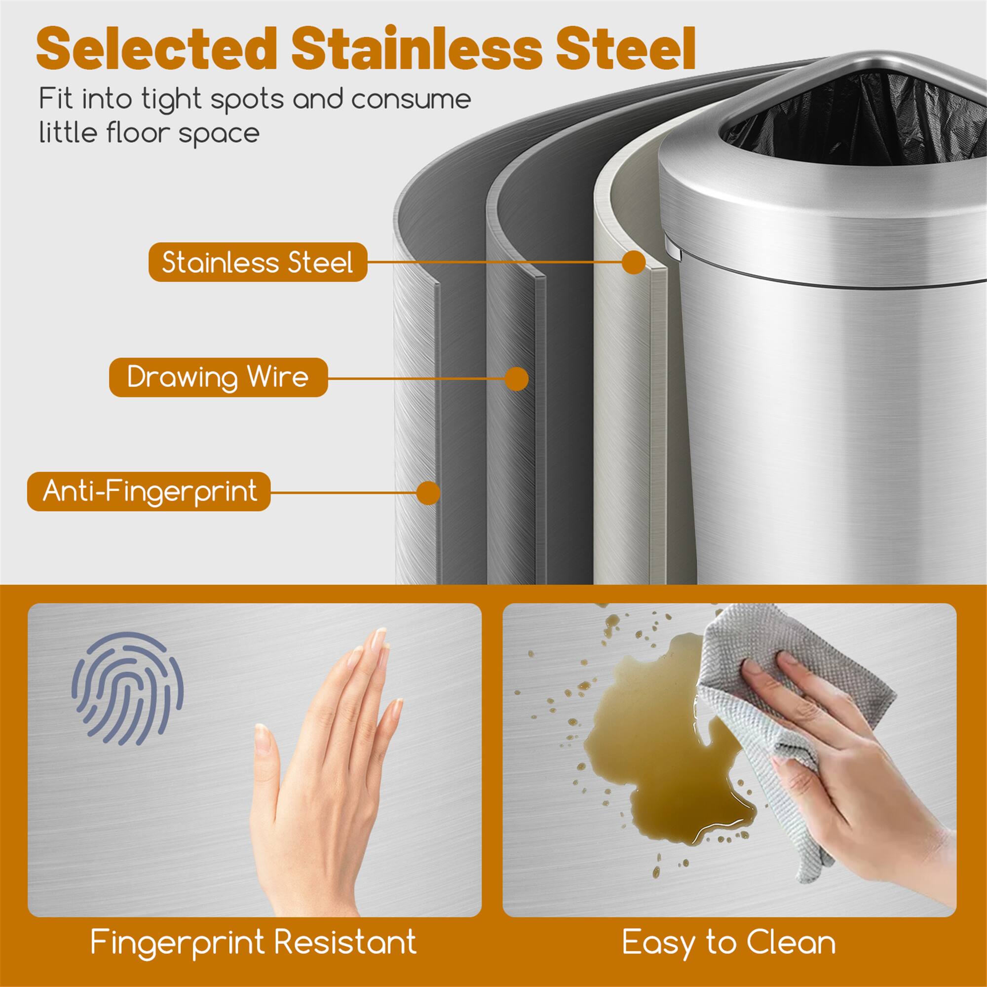 Selected Stainless Steel  
Fit into tight spots and consume little floor space  

- Stainless Steel  
- Drawing Wire  
- Anti-Fingerprint  

Fingerprint Resistant  
Easy to Clean