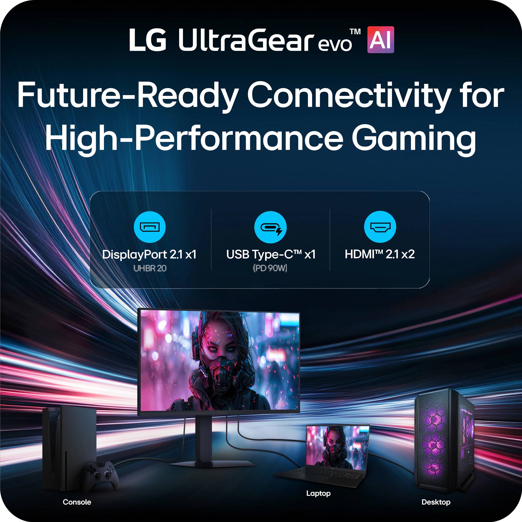 LG UltraGear evo™ AI  
Future-Ready Connectivity for High-Performance Gaming  
DisplayPort 2.1 x1 (UHBR 20)  
USB Type-C™ x1 (PD 90W)  
HDMI™ 2.1 x2  

Console  
Laptop  
Desktop