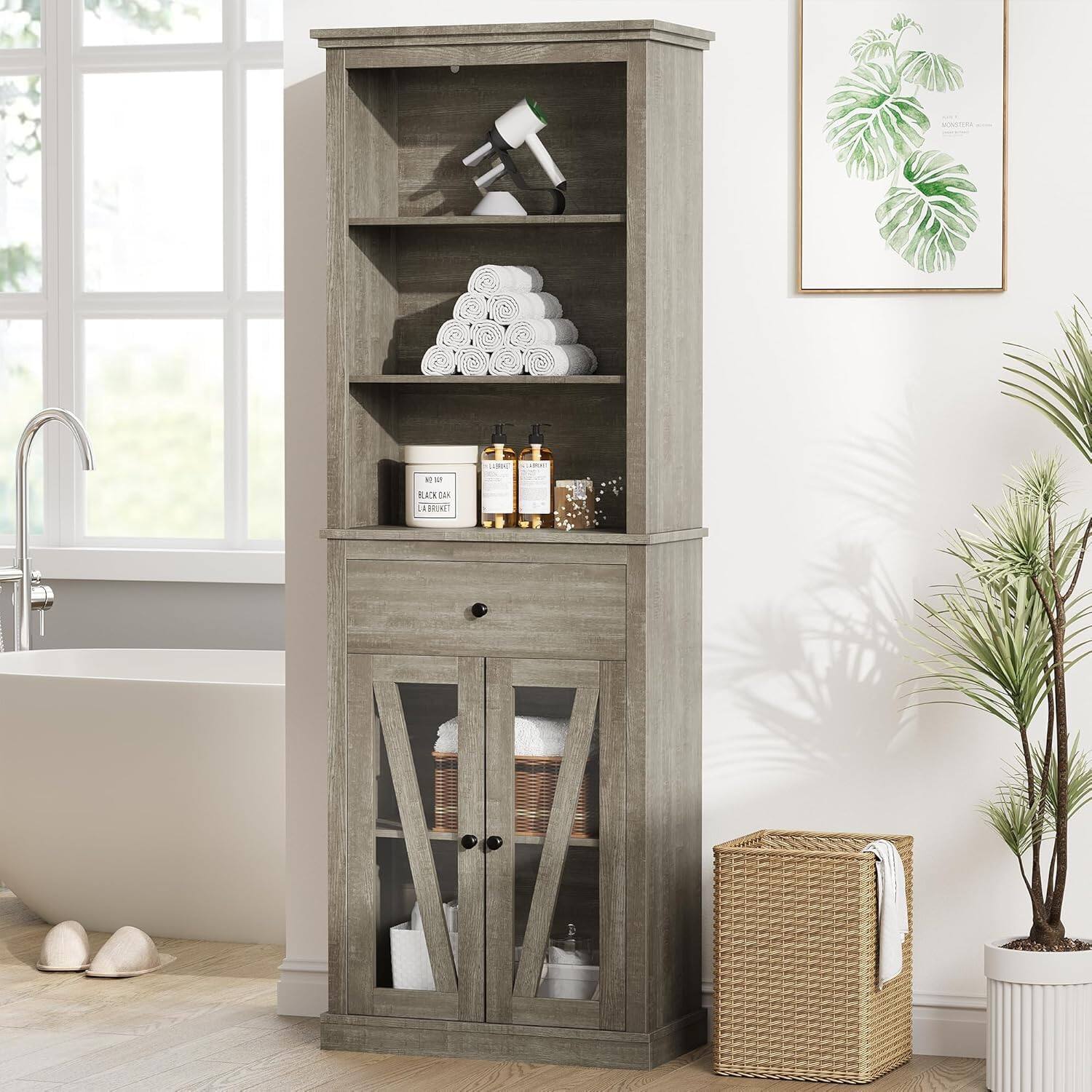 Front. Homhougo - 67" Tall Bathroom Storage Cabinet - Storage Cabinet with Shelf & Drawer Tower Storage Cabinet for Bathroom, Living - Grey.