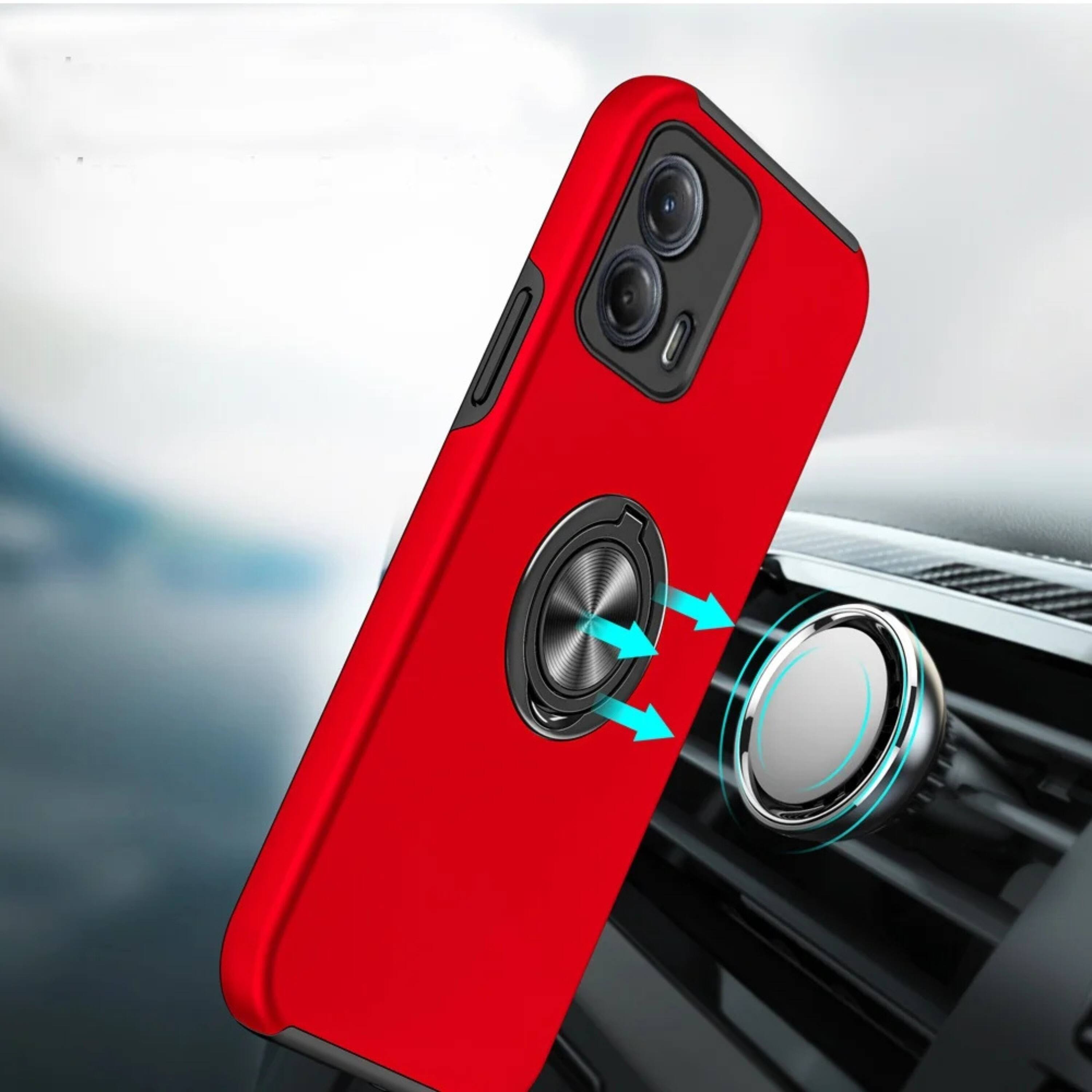 Angle. Kitcheniva - Rubber Dual Layer Case For Moto G Power 5G 2024 With Magnetic Ring Stand And Tempered Glass Red - Red.