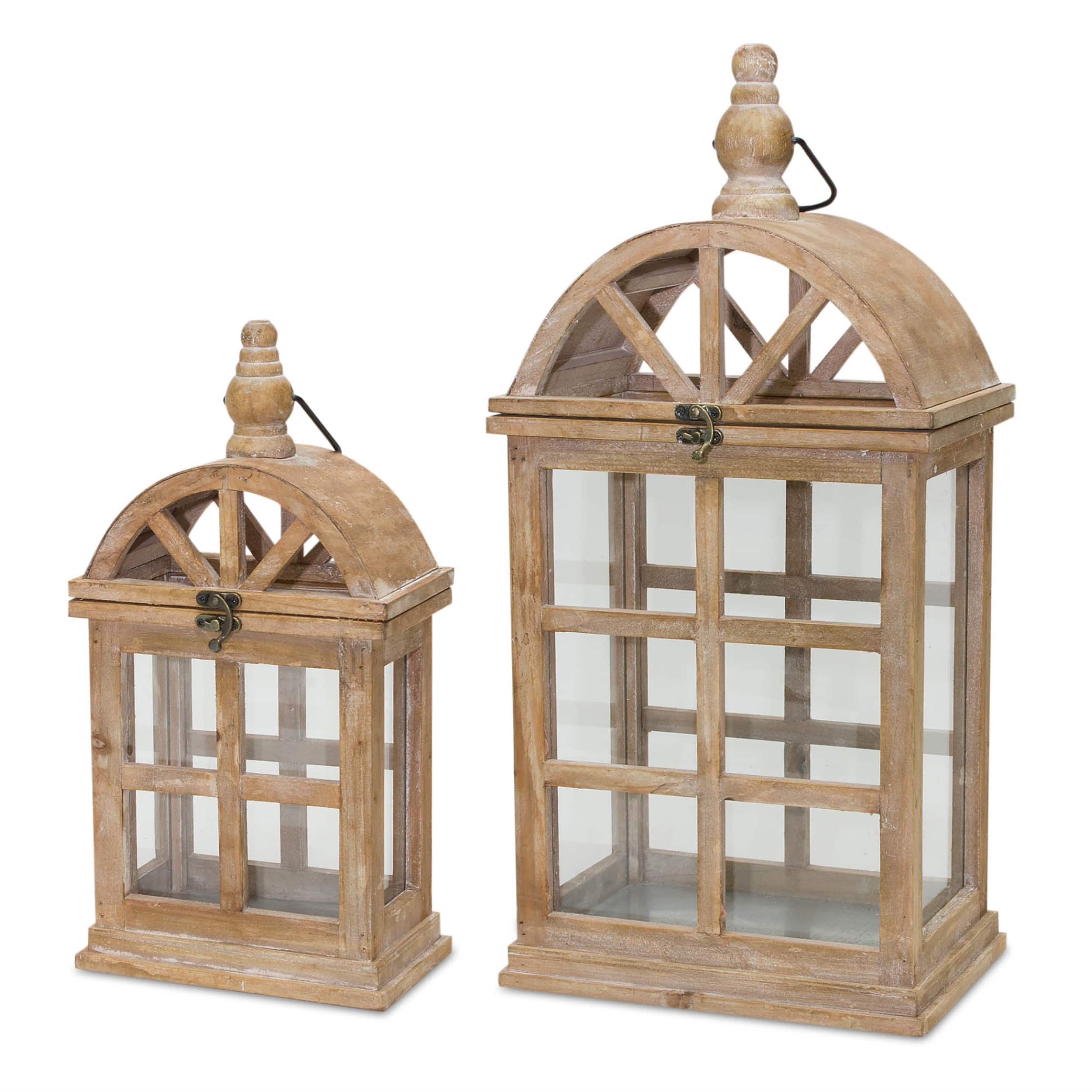 BreeBe - Natural Wooden Lantern with Curved Top (Set of 2) - Brown, White, Silver