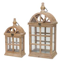 BreeBe - Natural Wooden Lantern with Curved Top (Set of 2) - Brown, White, Silver