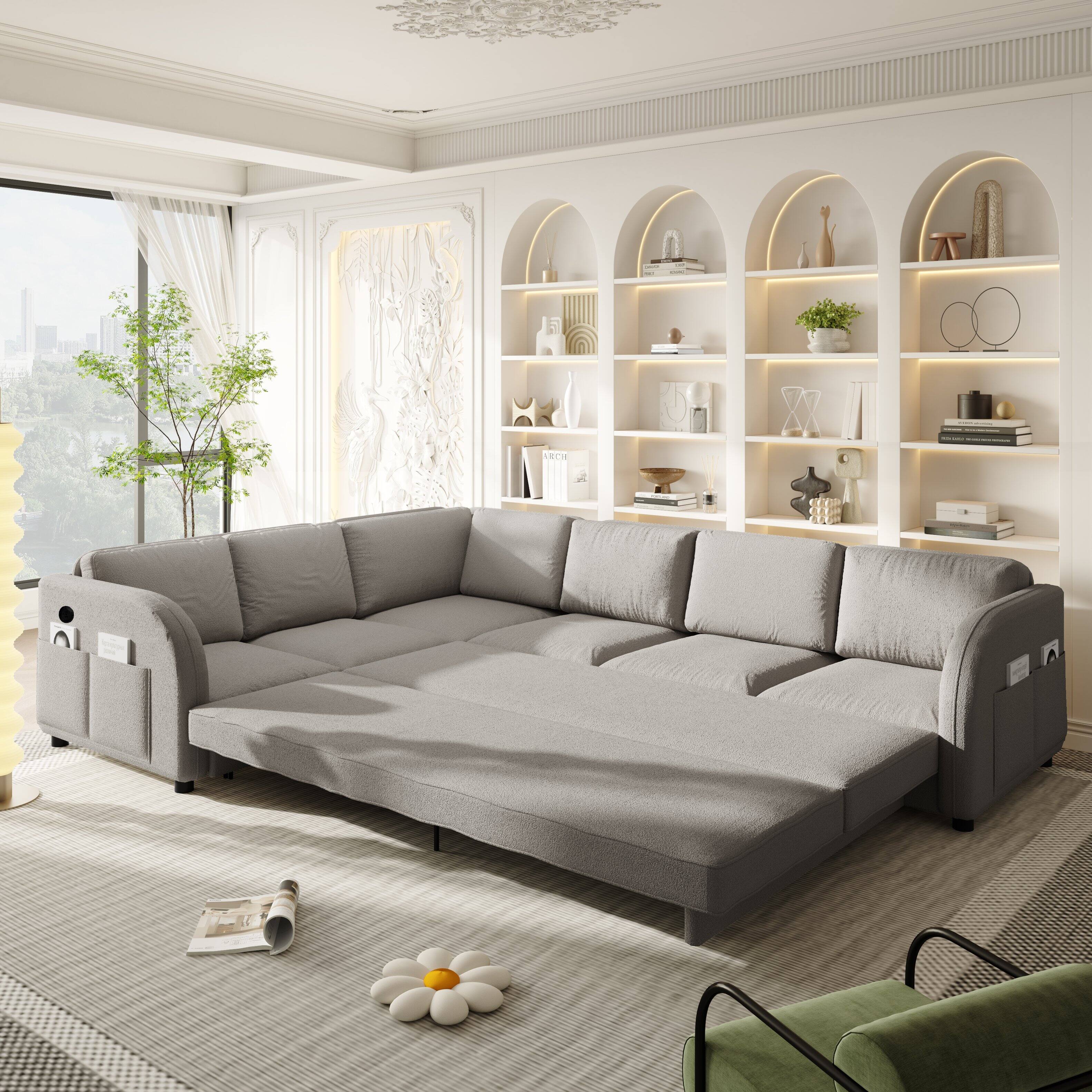 Left. Anysun - 115.2" L-Shaped Sofa w Pull-Out Bed, USB & Pocket, Sherpa Fleece, L/R Facing - Light Grey.