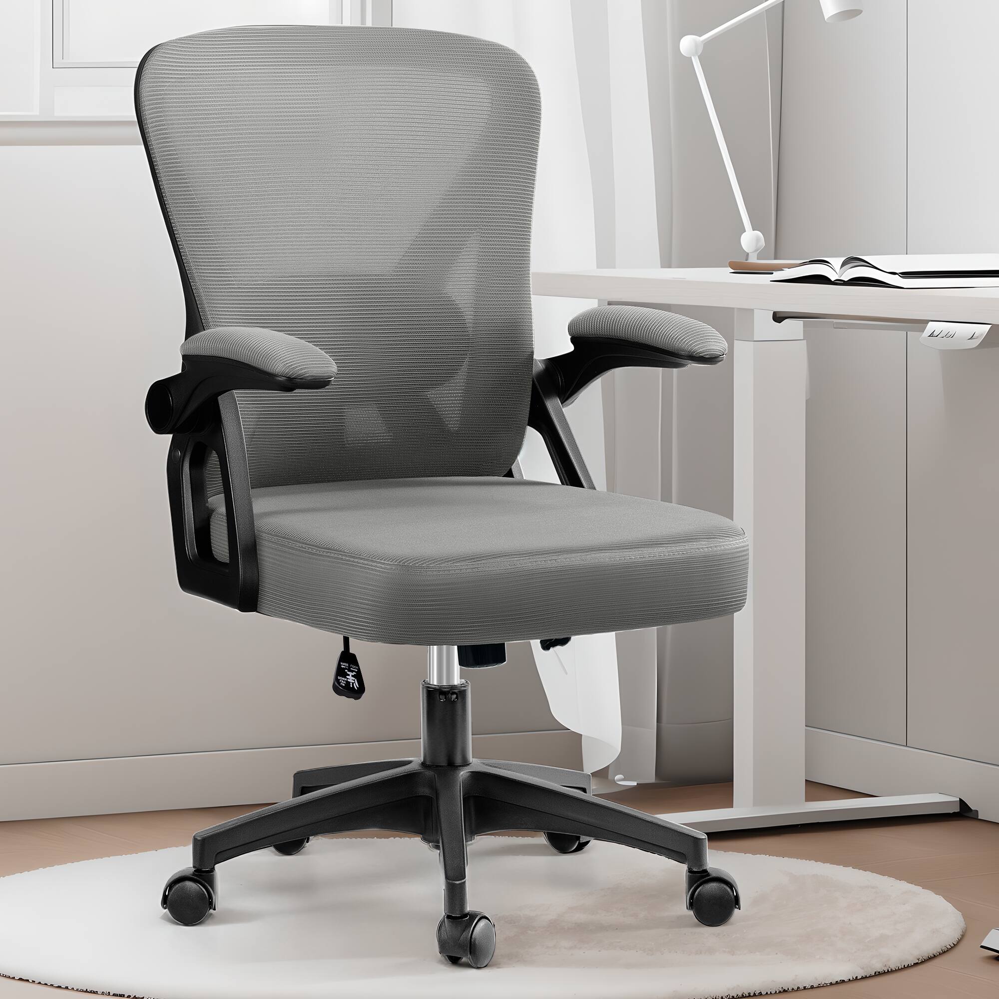 Alt View 5. KERDOM - Mid Back Ergonomic Office Chair with Adjustable Lumbar Support, Flip-up Arms, Rolling Swivel Task Chair Breathable Mesh - Light Grey.